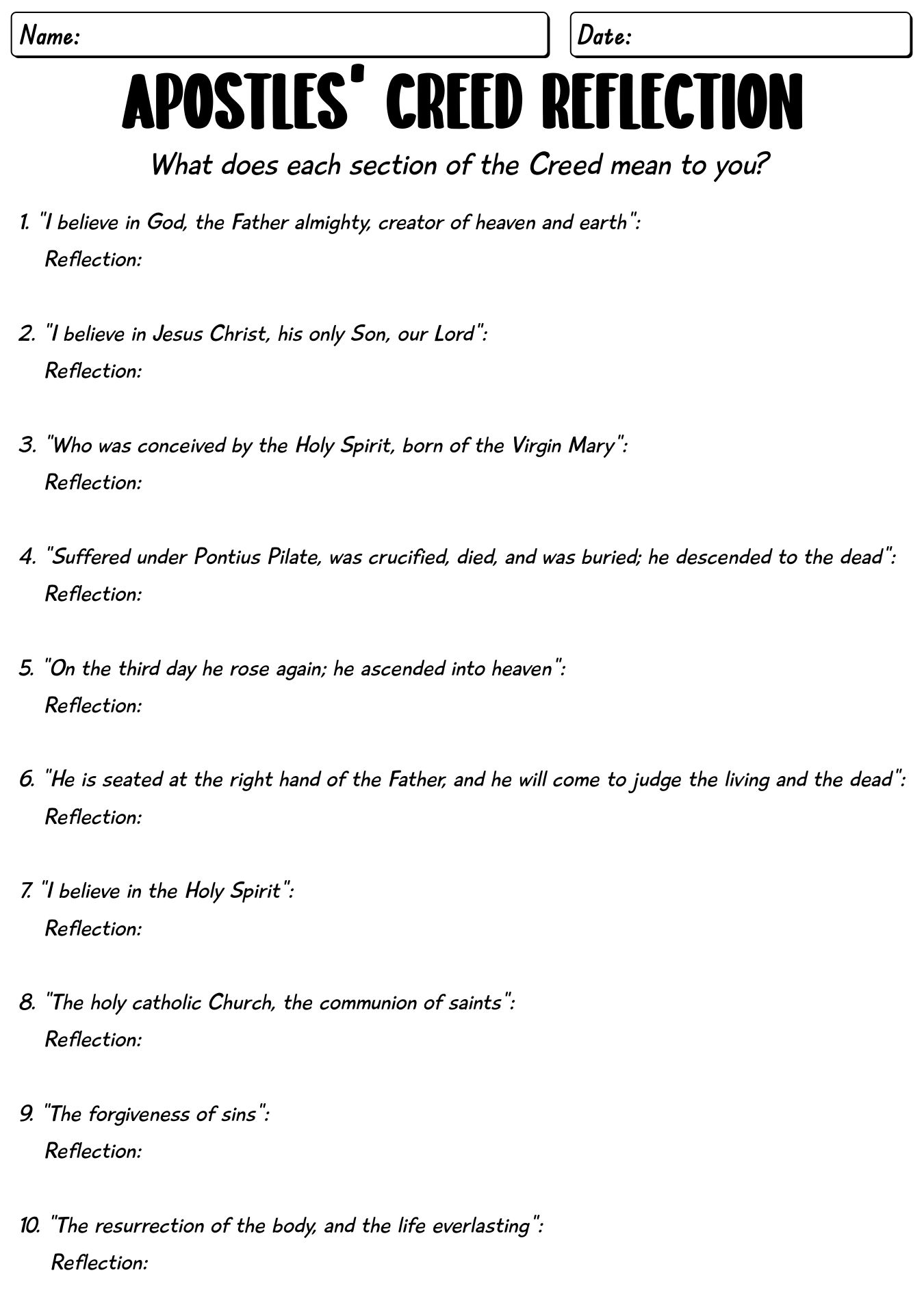 Apostles Creed Reflection Worksheet