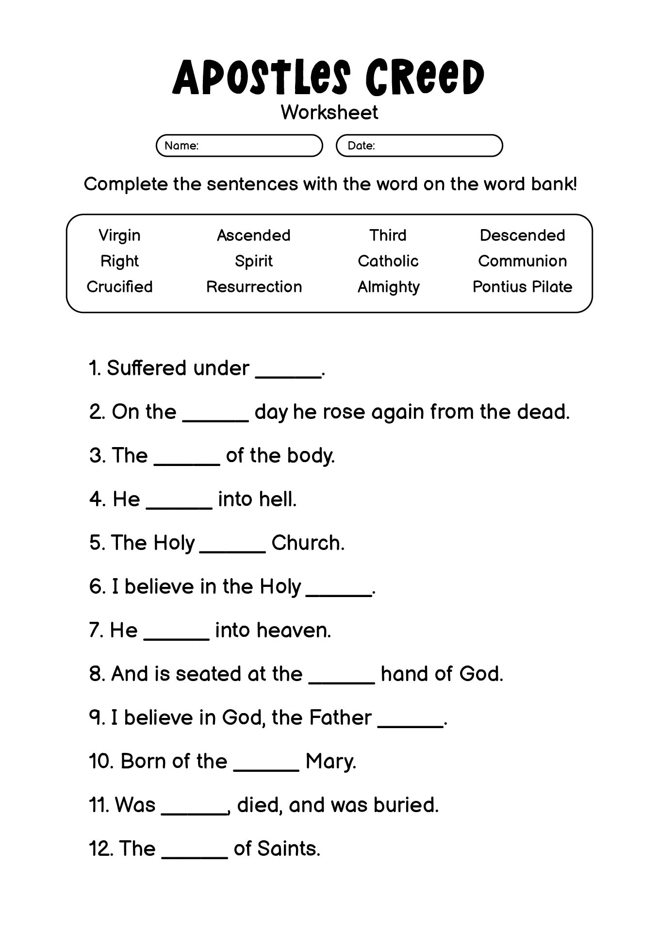 Apostles Creed Religious Education Worksheet