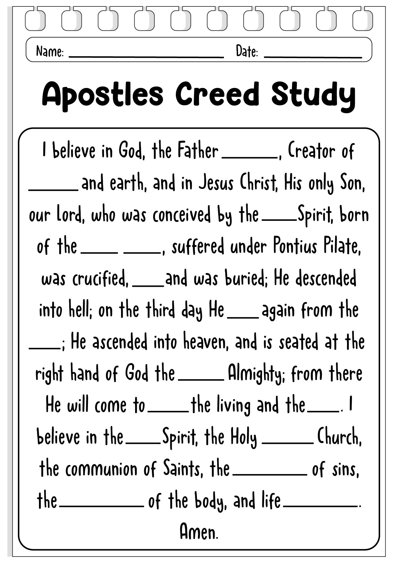 Apostles Creed Study Guide Worksheet