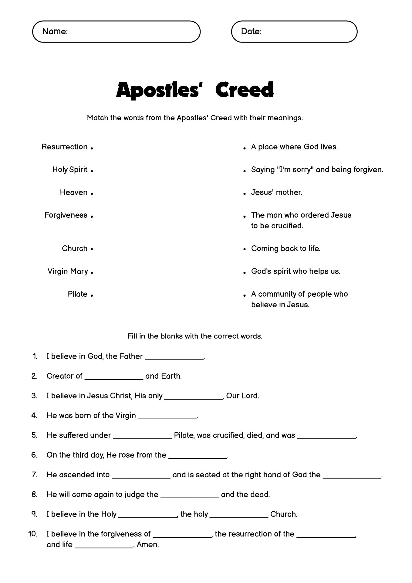 Apostles Creed Study Worksheet for Kids