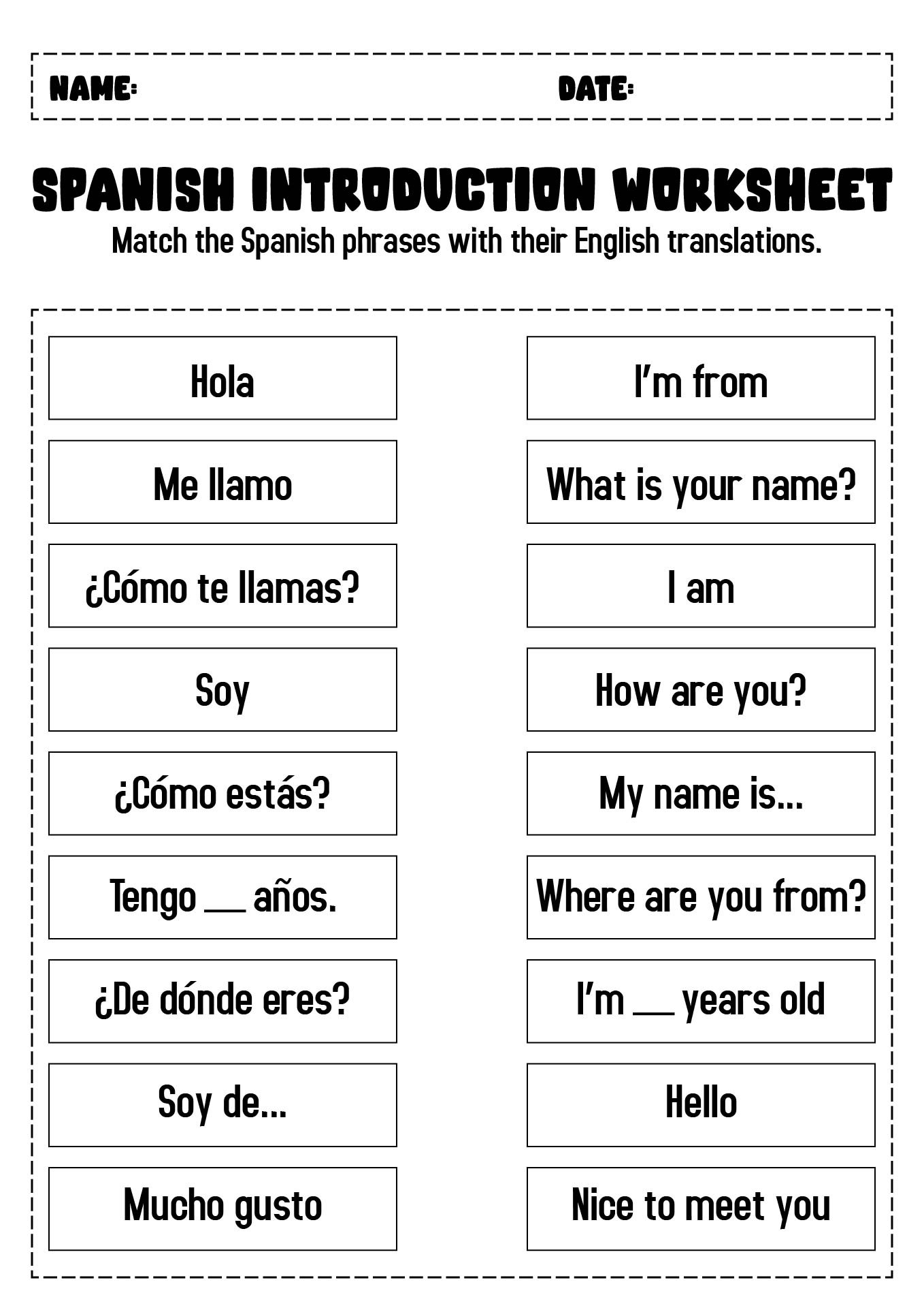 Basic Spanish Introduction Worksheet Activities