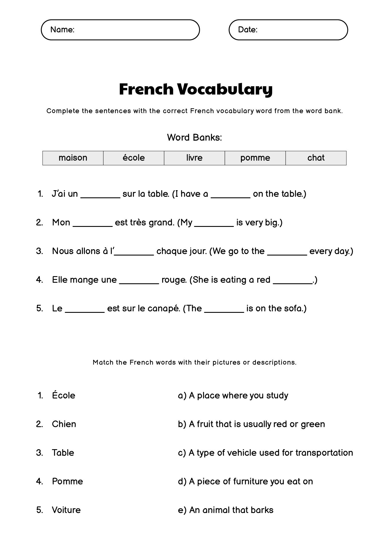 Beginner French Vocabulary Exercises