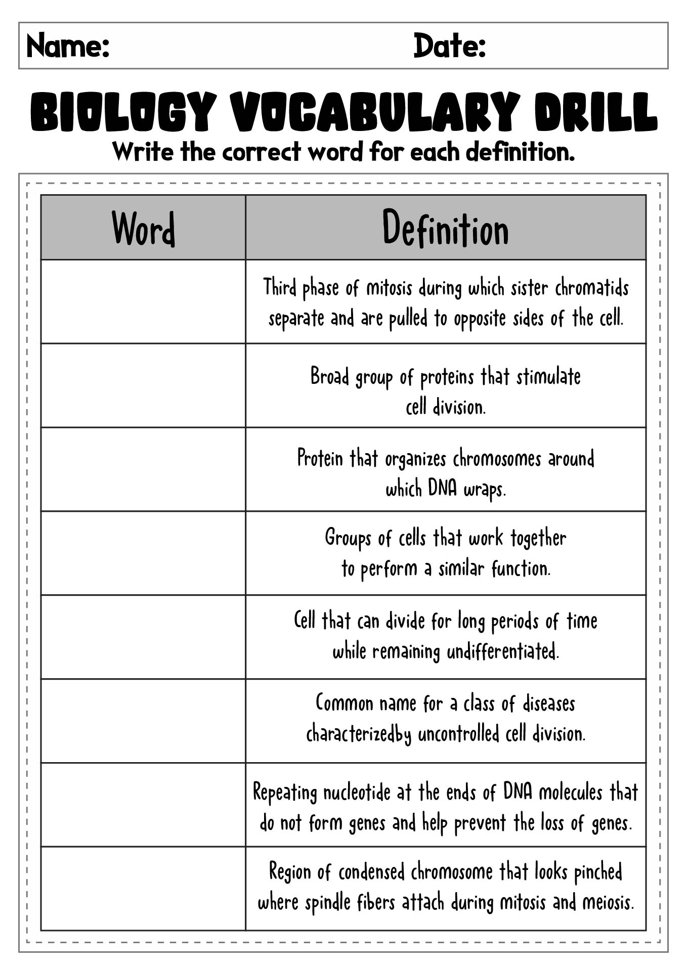 Biology Vocabulary Drill Worksheets