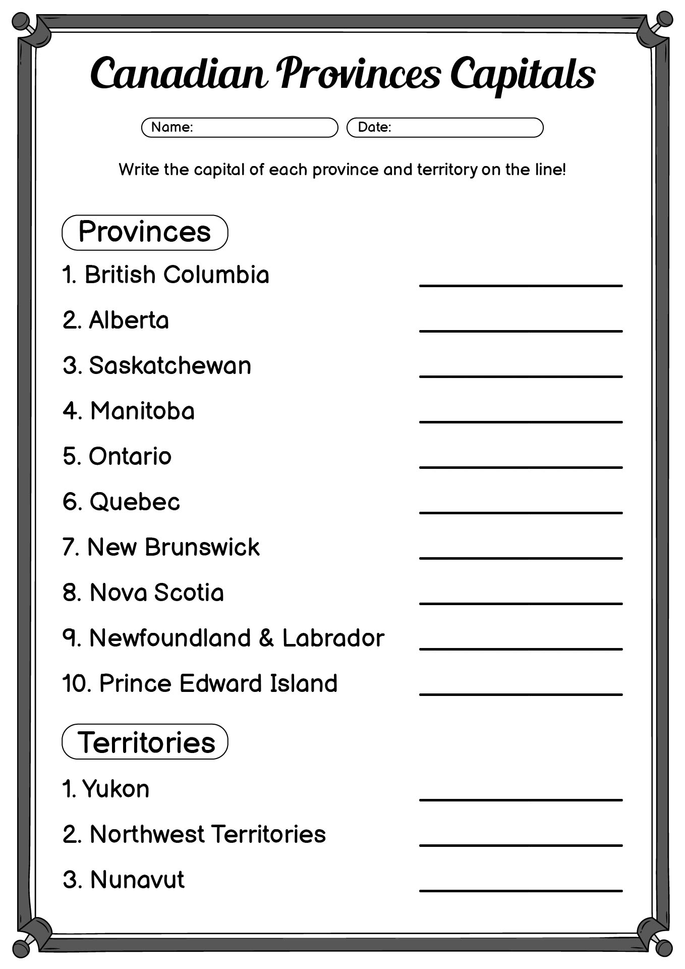 Canadian Provinces Capitals Practice Sheets