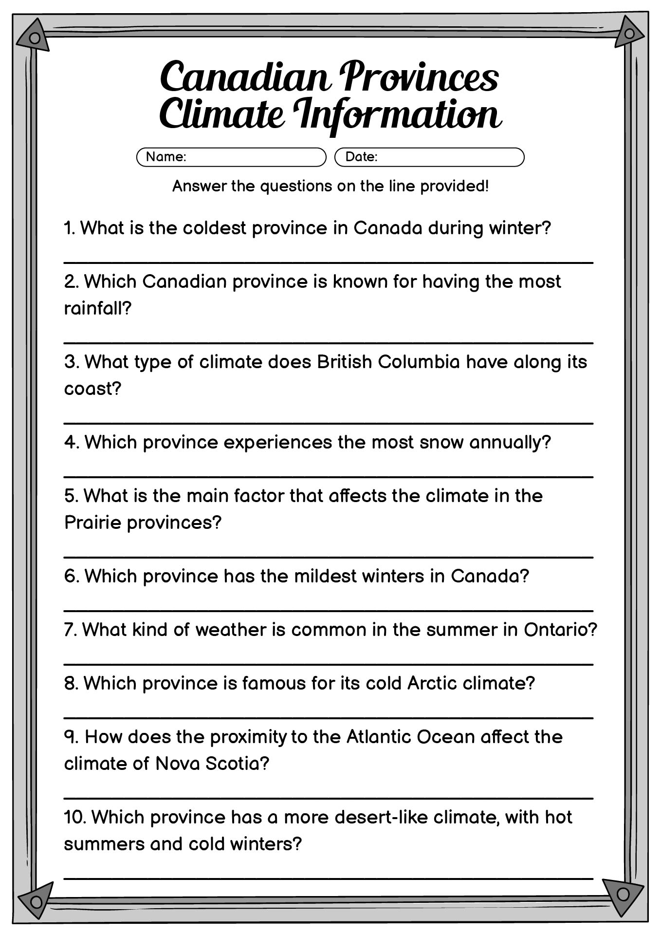 Canadian Provinces Climate Information Worksheets