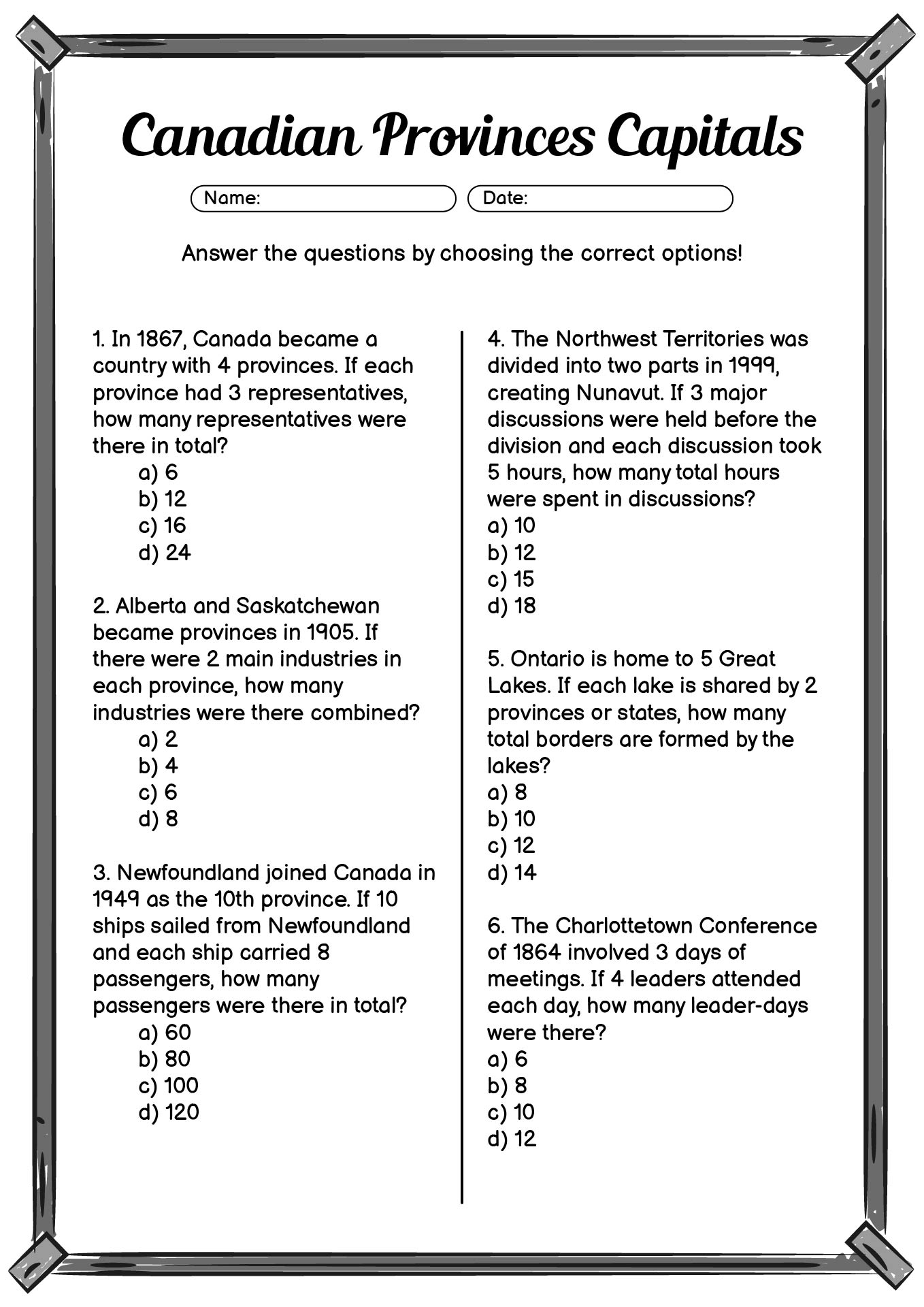 Canadian Provinces History Activities Worksheets