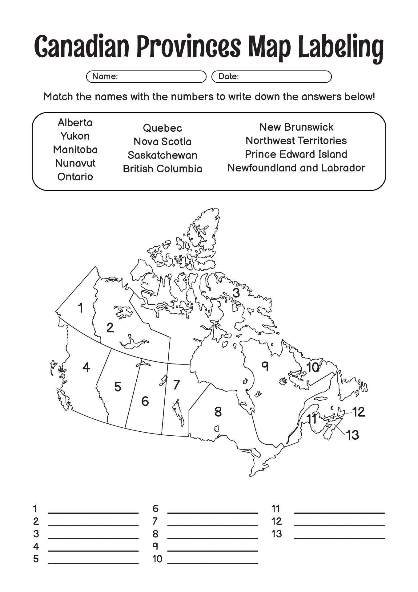 Canadian Provinces Map Labeling Worksheets