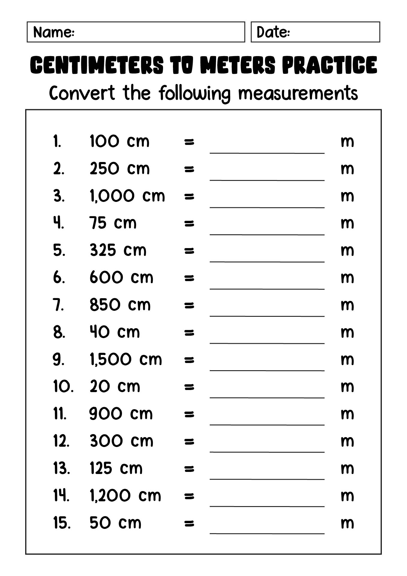 Centimeters to Meters Practice Sheets