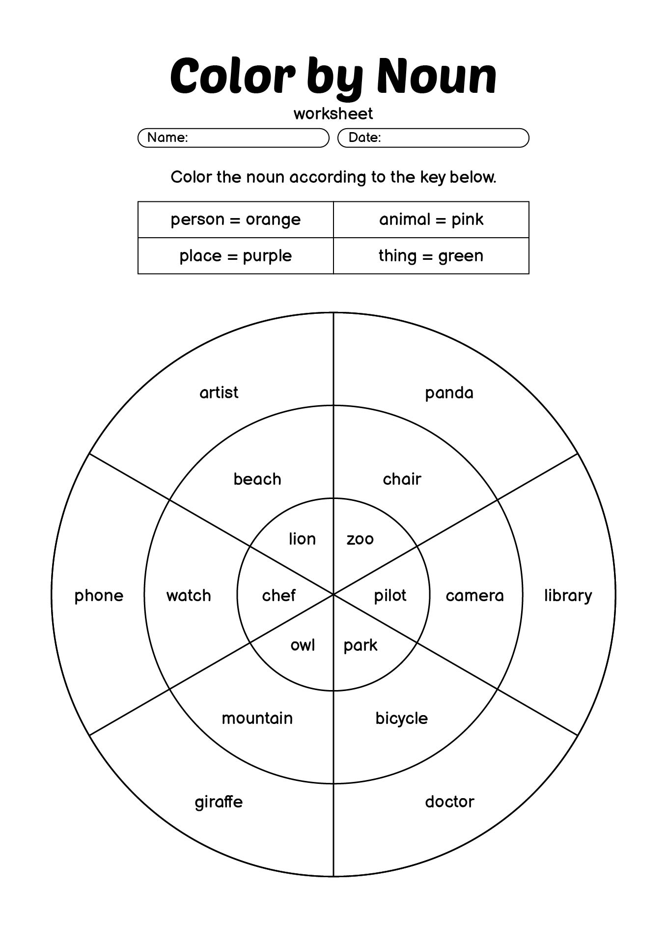 Color by Noun Worksheets for 2nd Grade Students