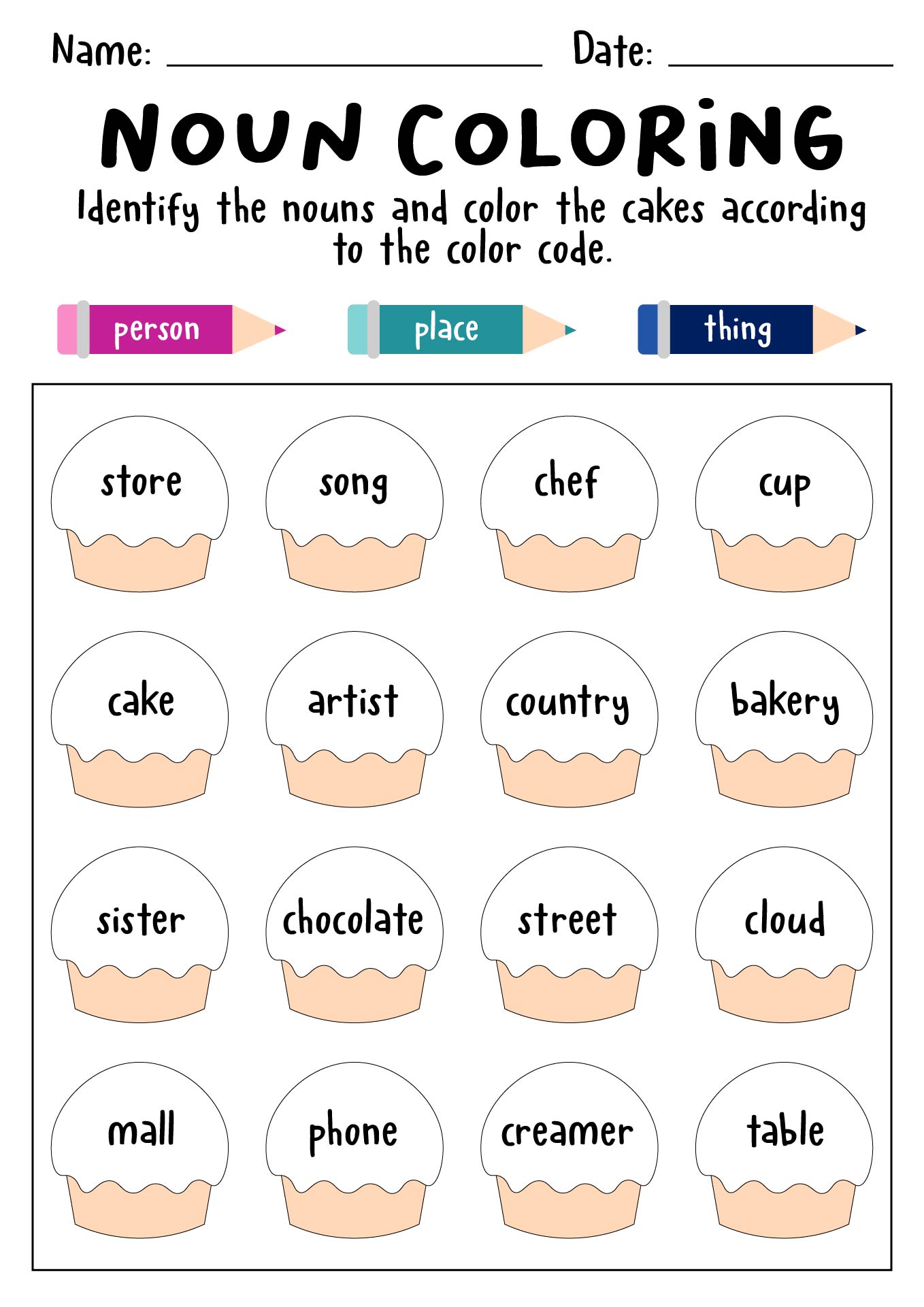 Color by Noun Worksheets for Second Grade Students