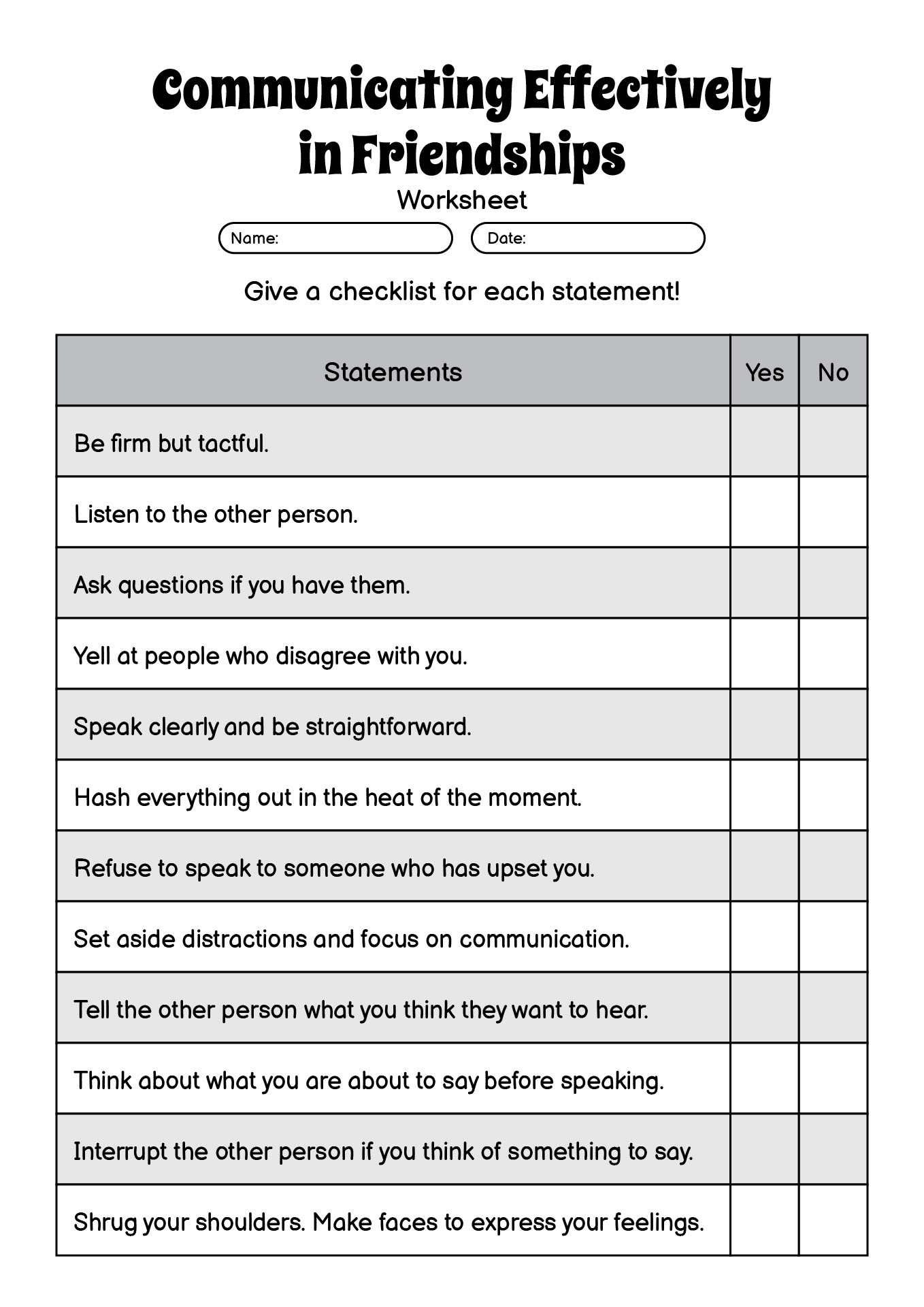 Communicating Effectively in Friendships Worksheet