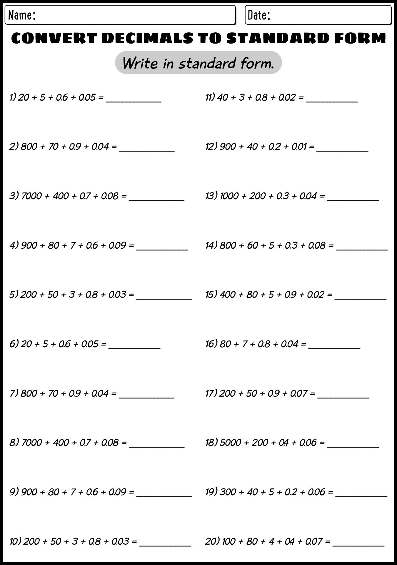 Convert Decimals to Standard Form Practice Sheets