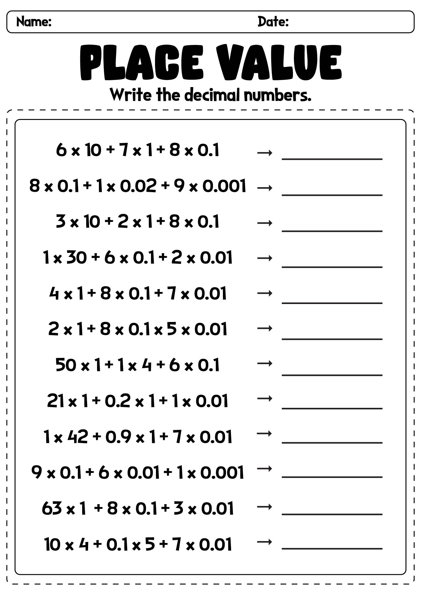 Decimal To Standard Form Transformation Sheets