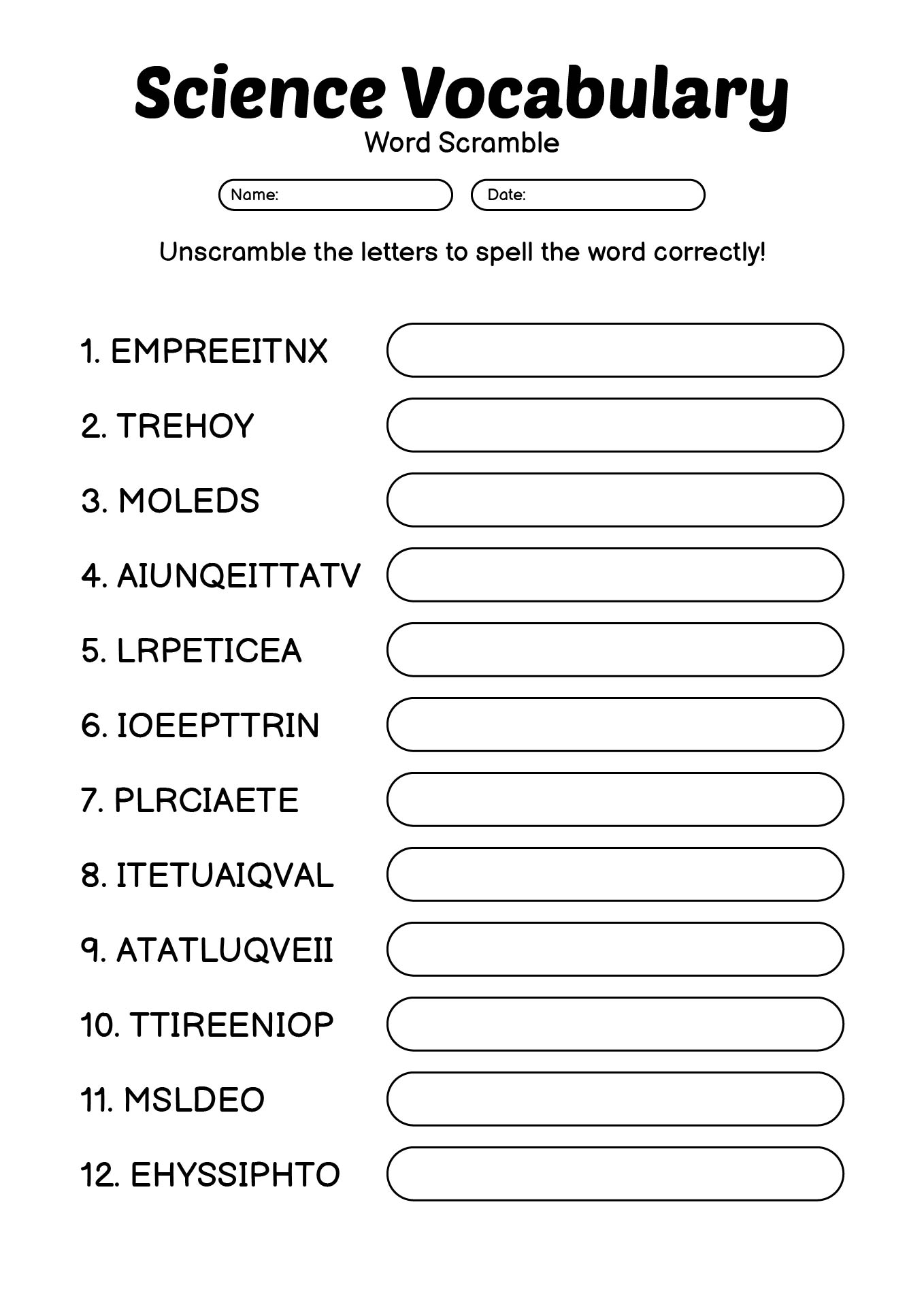 Elementary Science Vocabulary Word Worksheets