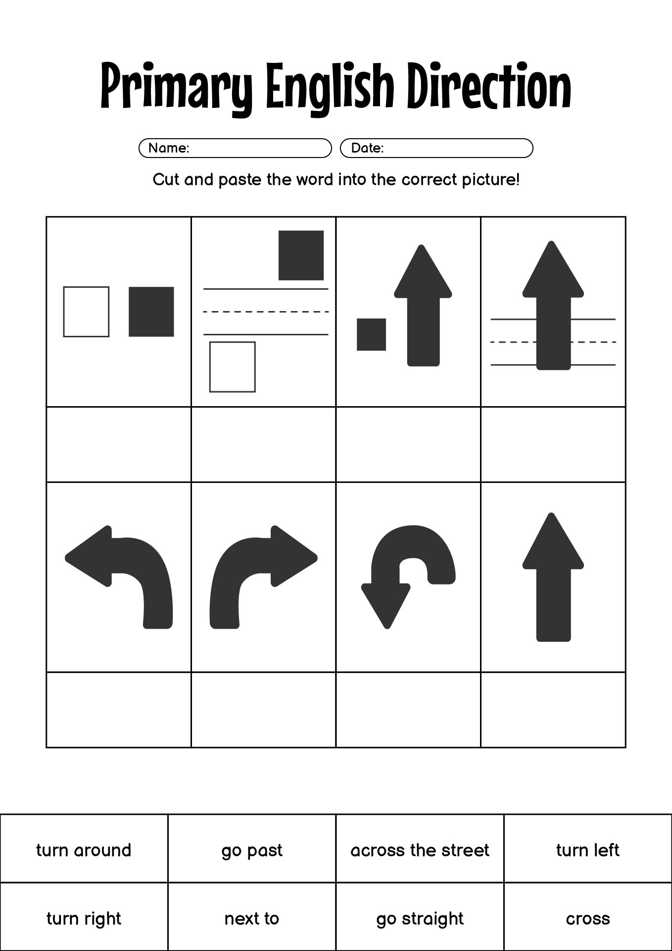 English Direction Skills Worksheets for Kids