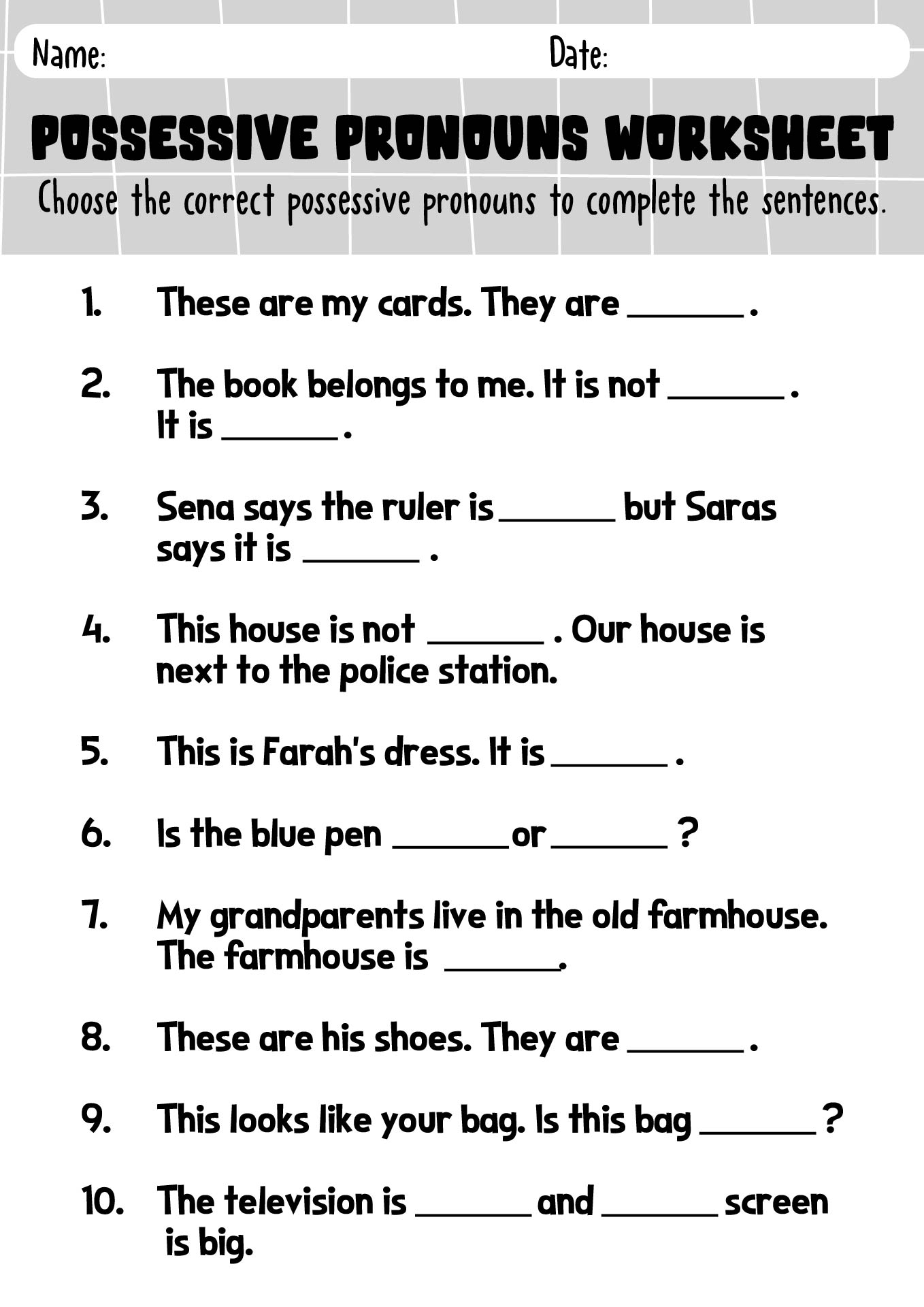 English Grammar Possessive Pronouns Worksheet