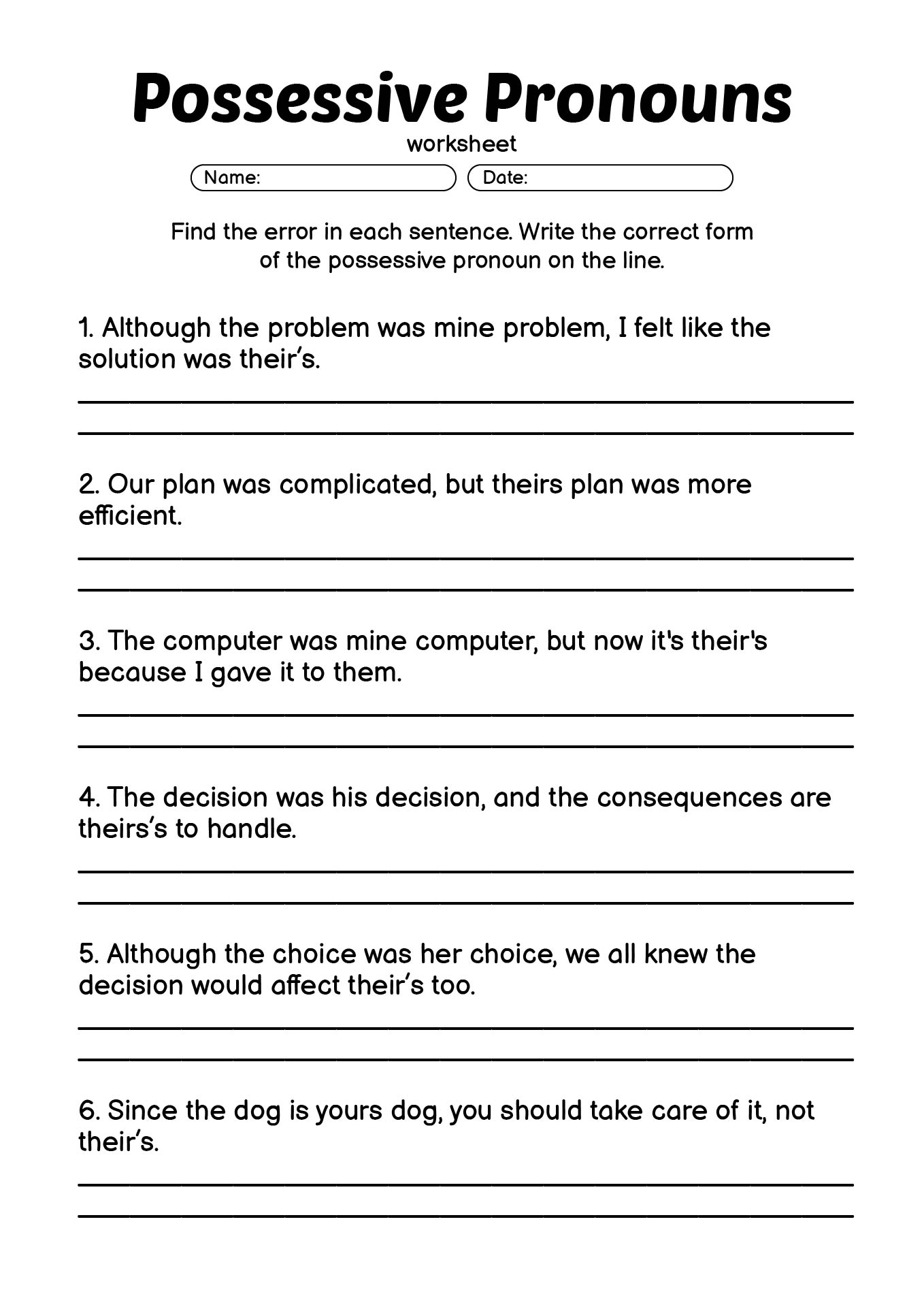 ESL Possessive Pronouns Practice Sheets