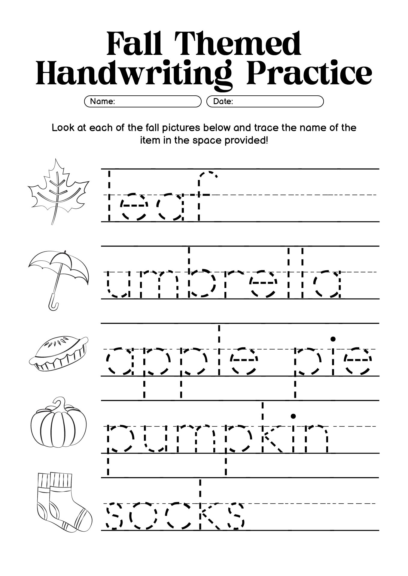 Fall Themed Handwriting Practice Sheets