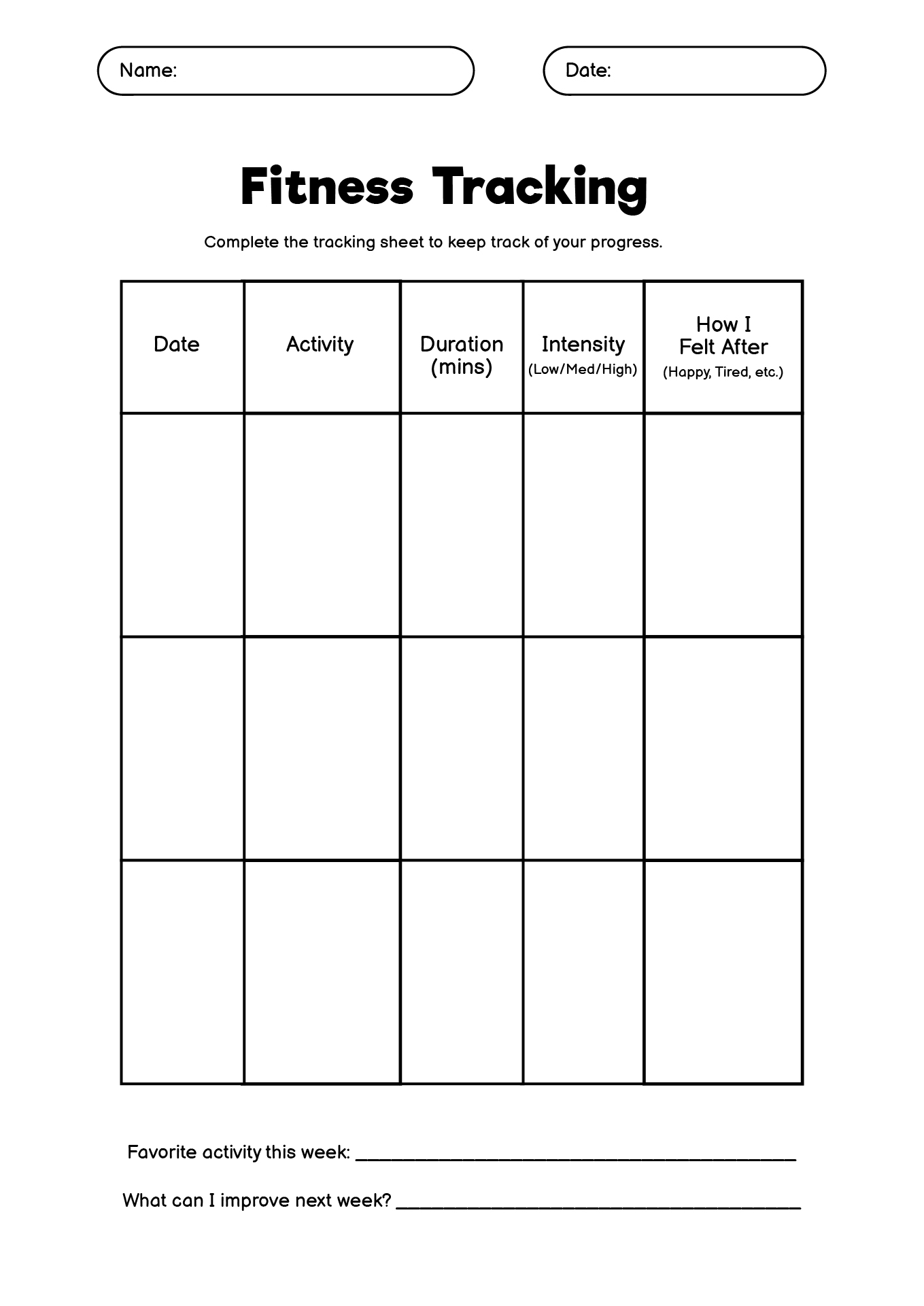 Fitness Tracking Worksheets for PE