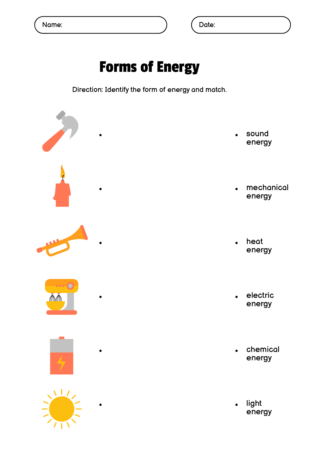 Forms of Energy Printable Worksheets