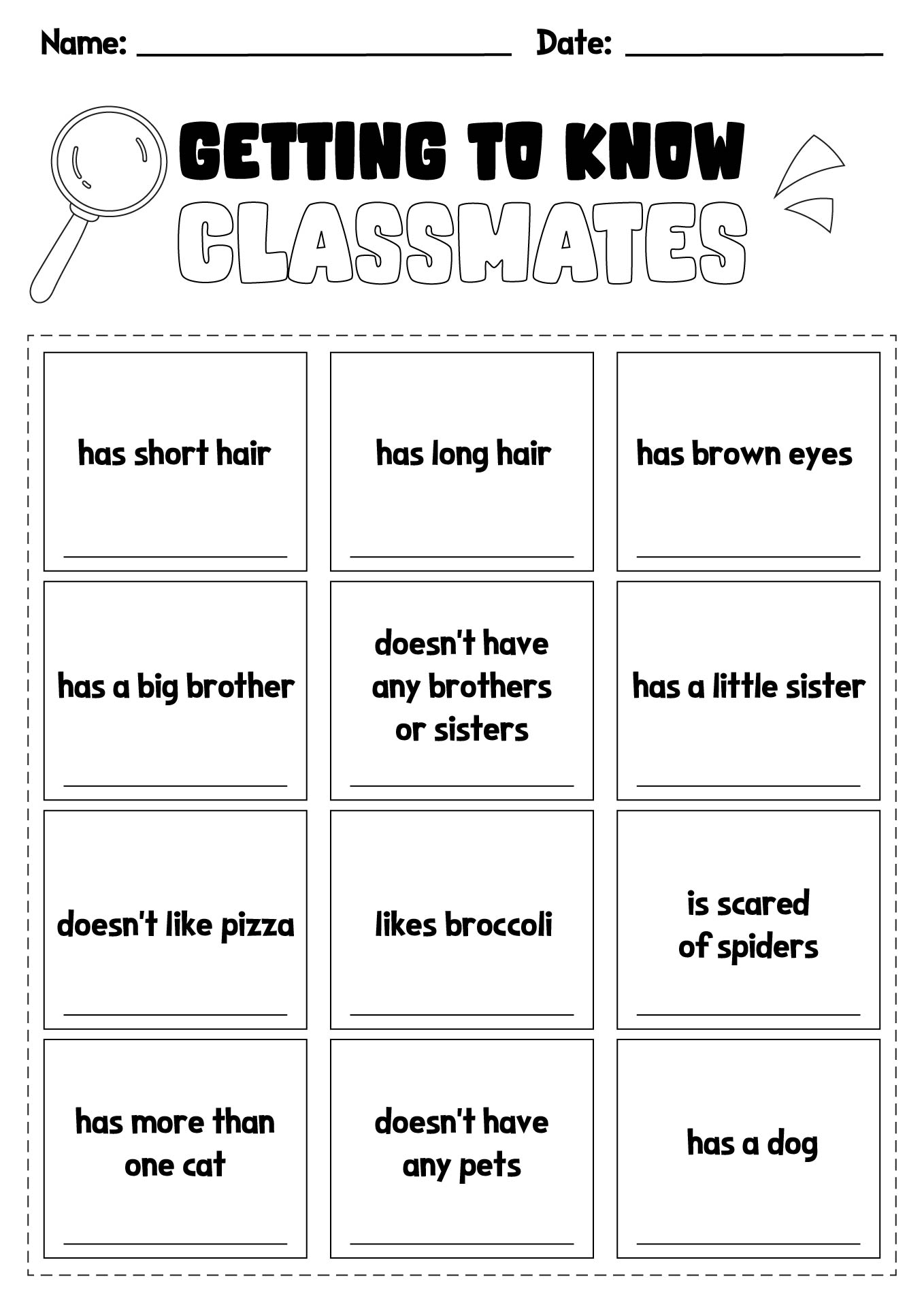 Getting To Know Classmates Middle School Sheet