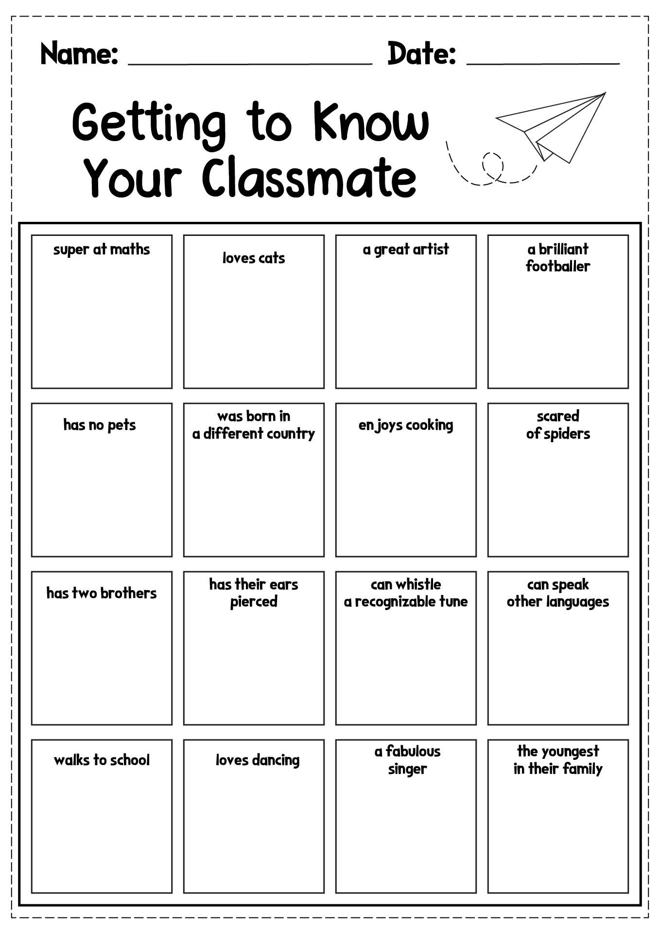 Getting To Know Your Classmate Worksheet