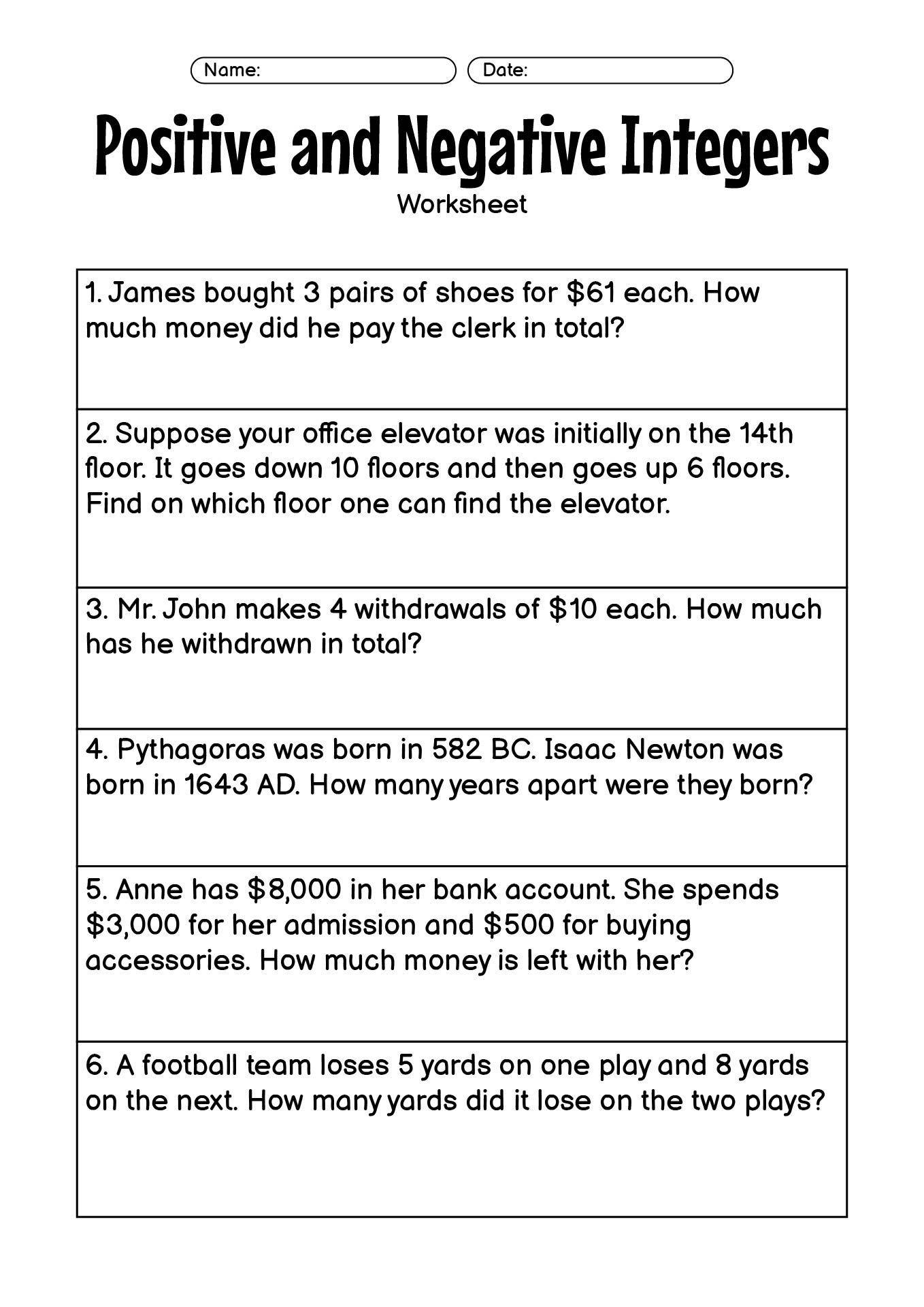 Grade 6 Positive and Negative Integers Worksheets