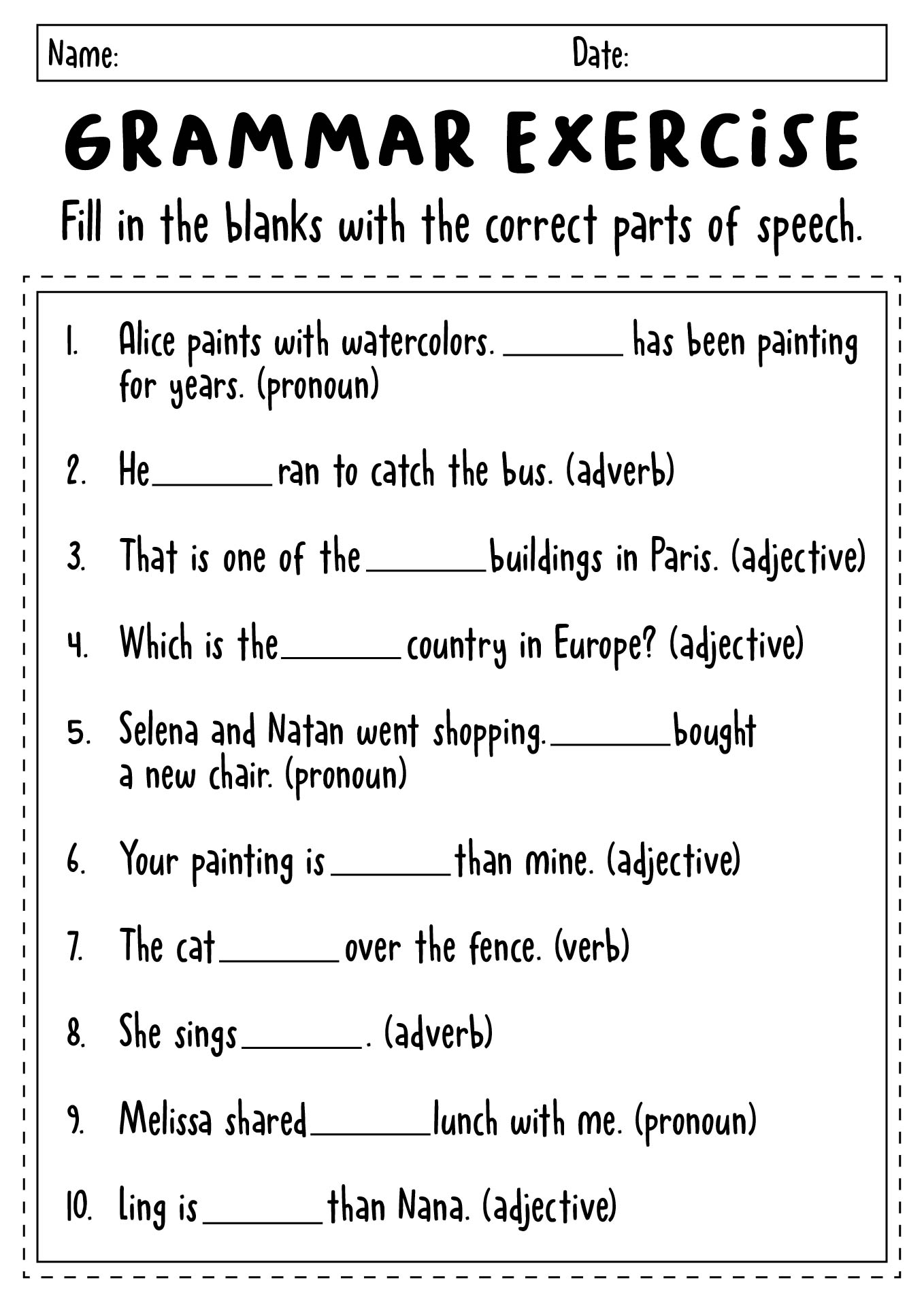 Grammar Exercises Worksheet on Parts of Speech