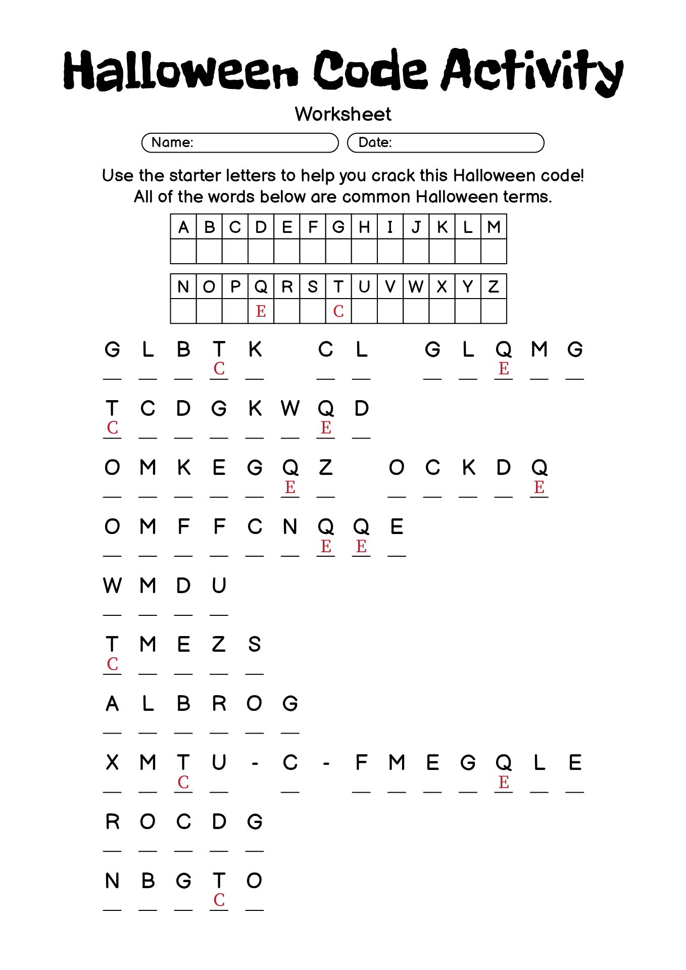 Halloween Code Activity Sheet for Students