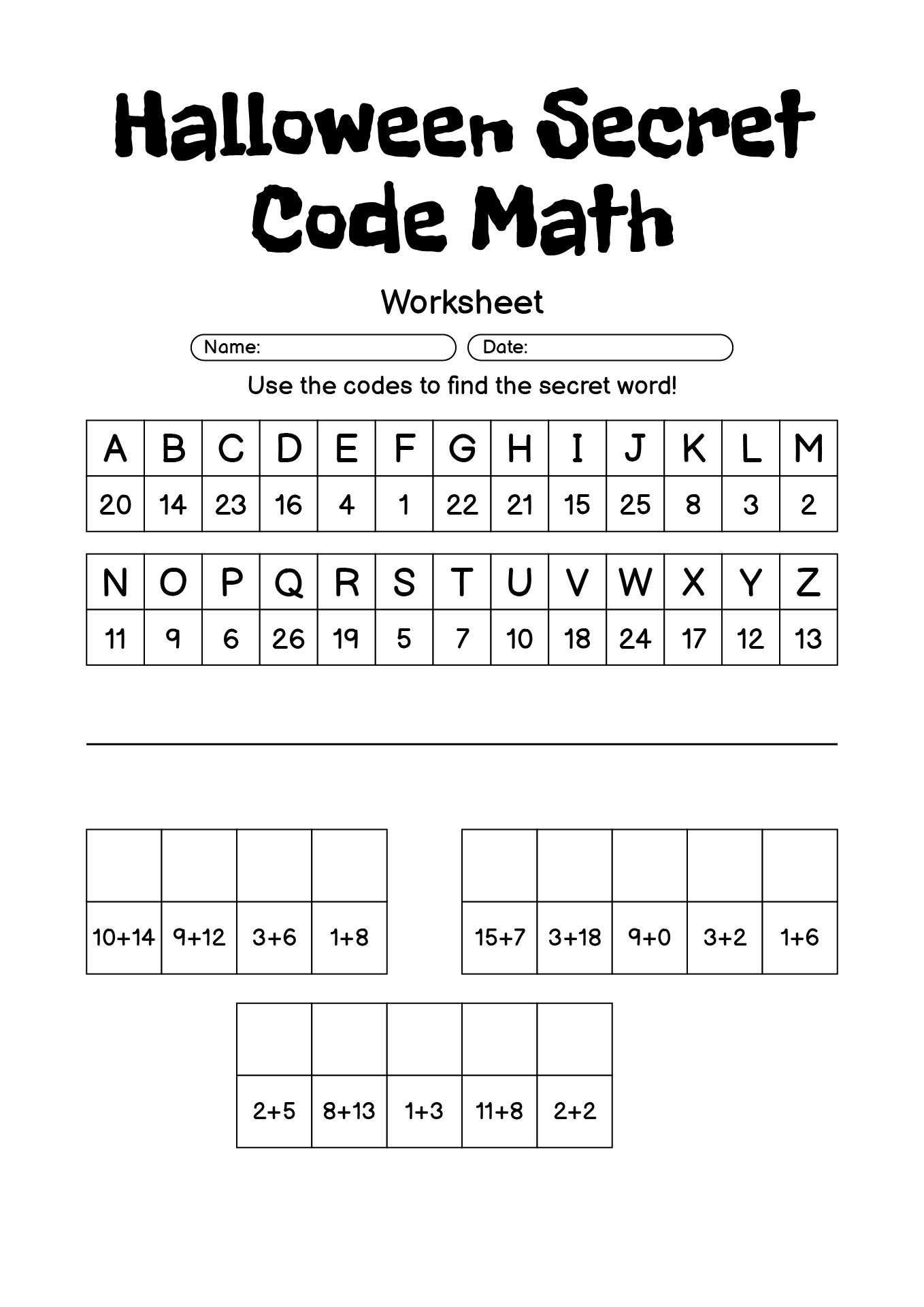 Halloween Secret Code Math Worksheet