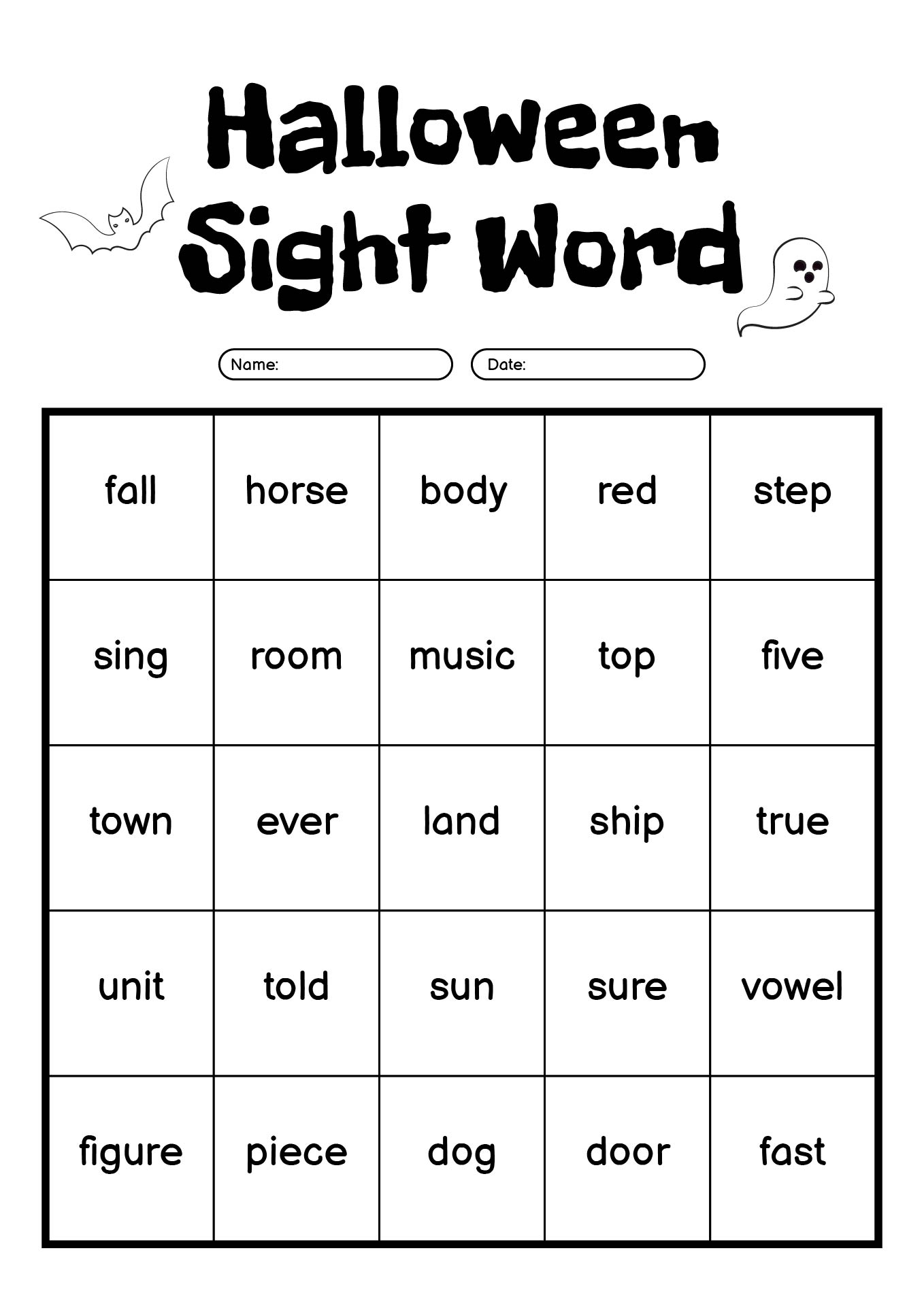 Halloween Sight Word Bingo Cards