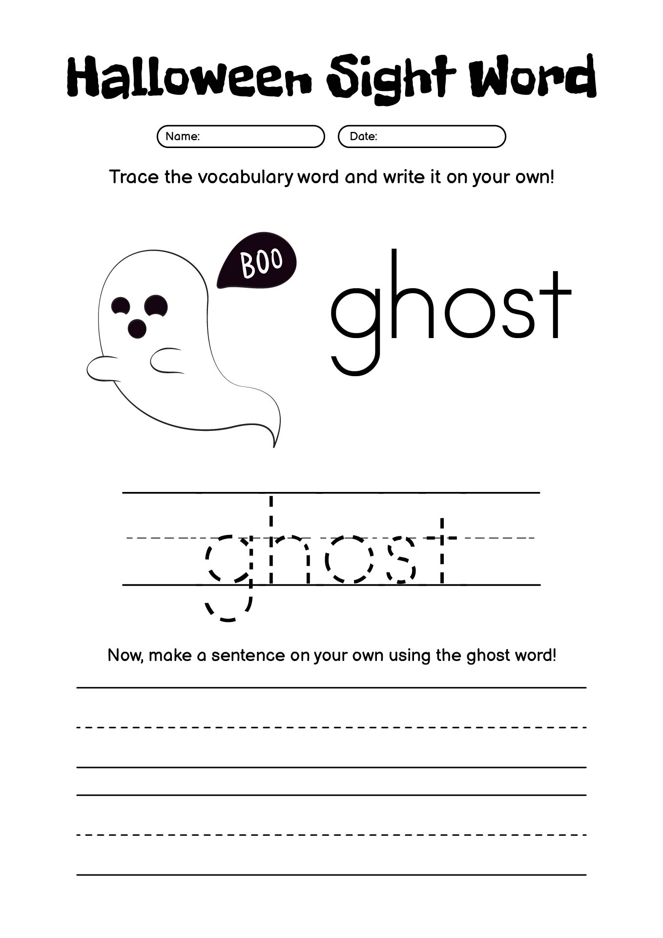 Halloween Sight Word Practice Sheets for Kids