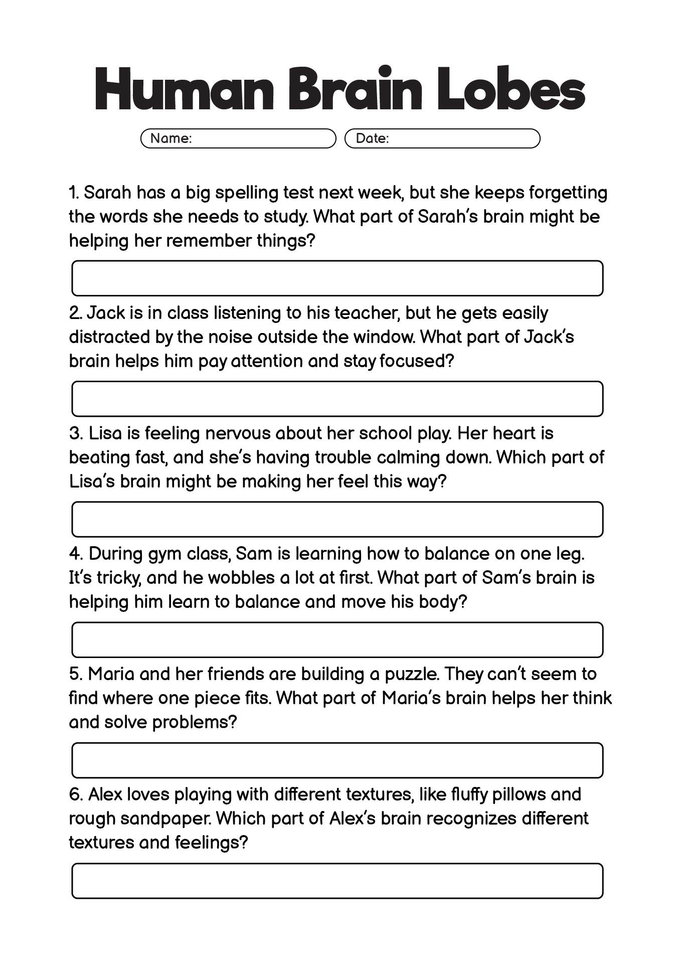 Interactive Brain Lobes Learning Worksheet