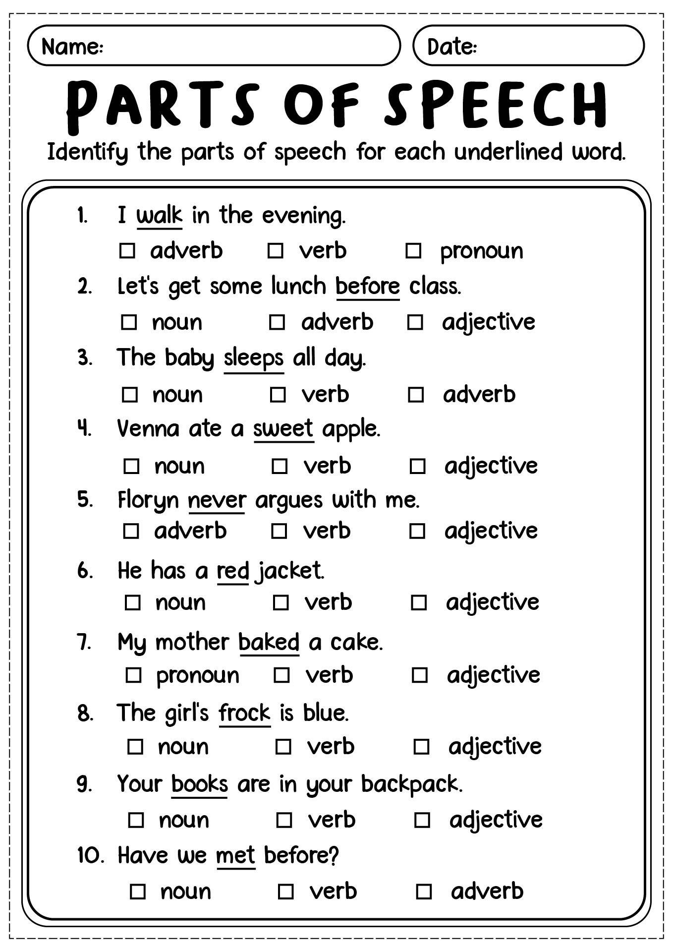 Interactive Parts of Speech Quiz Worksheet