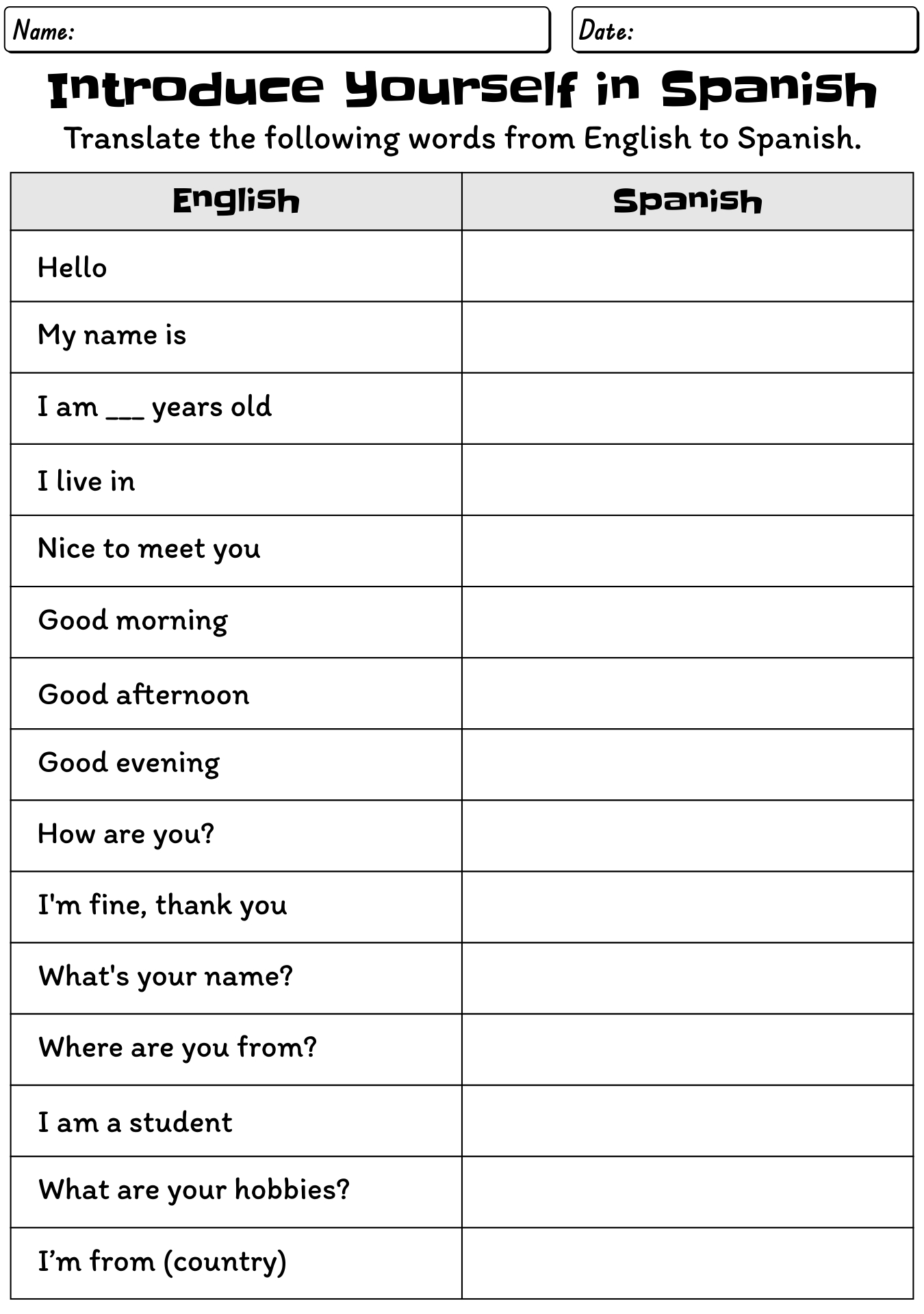 Introduce Yourself in Spanish Worksheets for Classroom Use