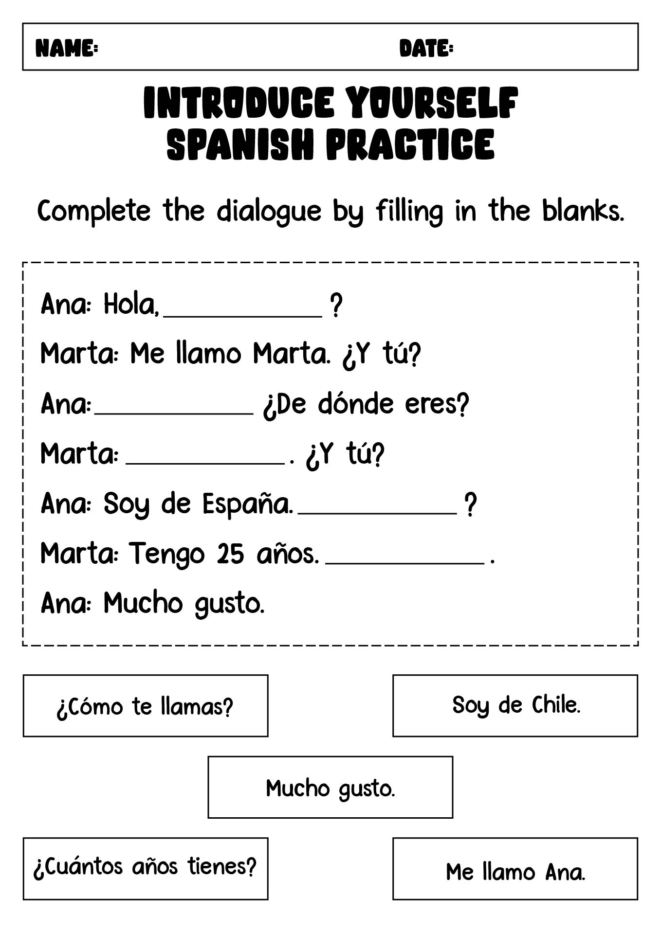 Introduce Yourself Spanish Practice Sheets