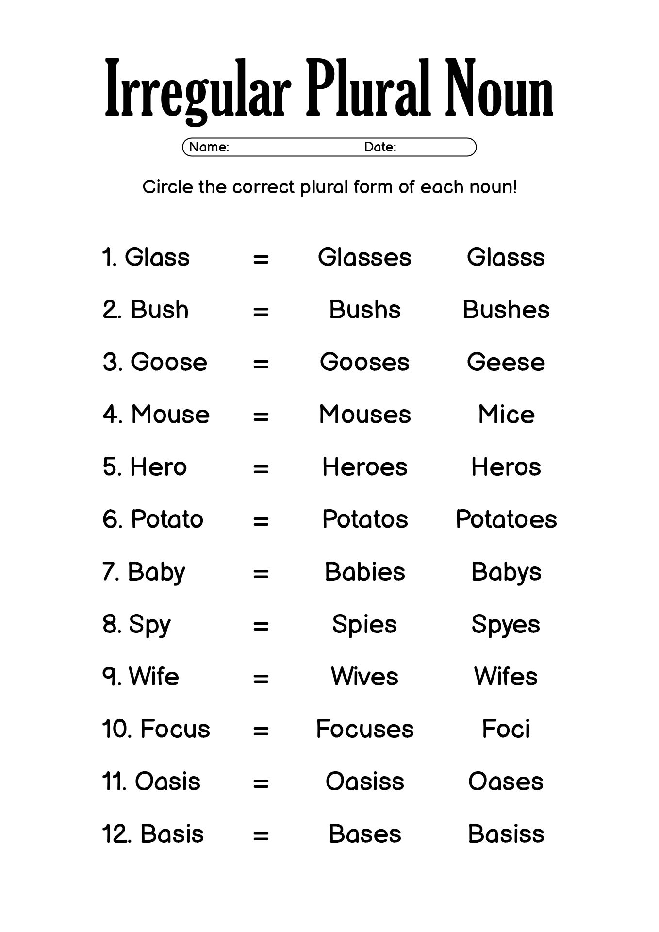 Irregular Plural Noun Worksheets for Grade Two