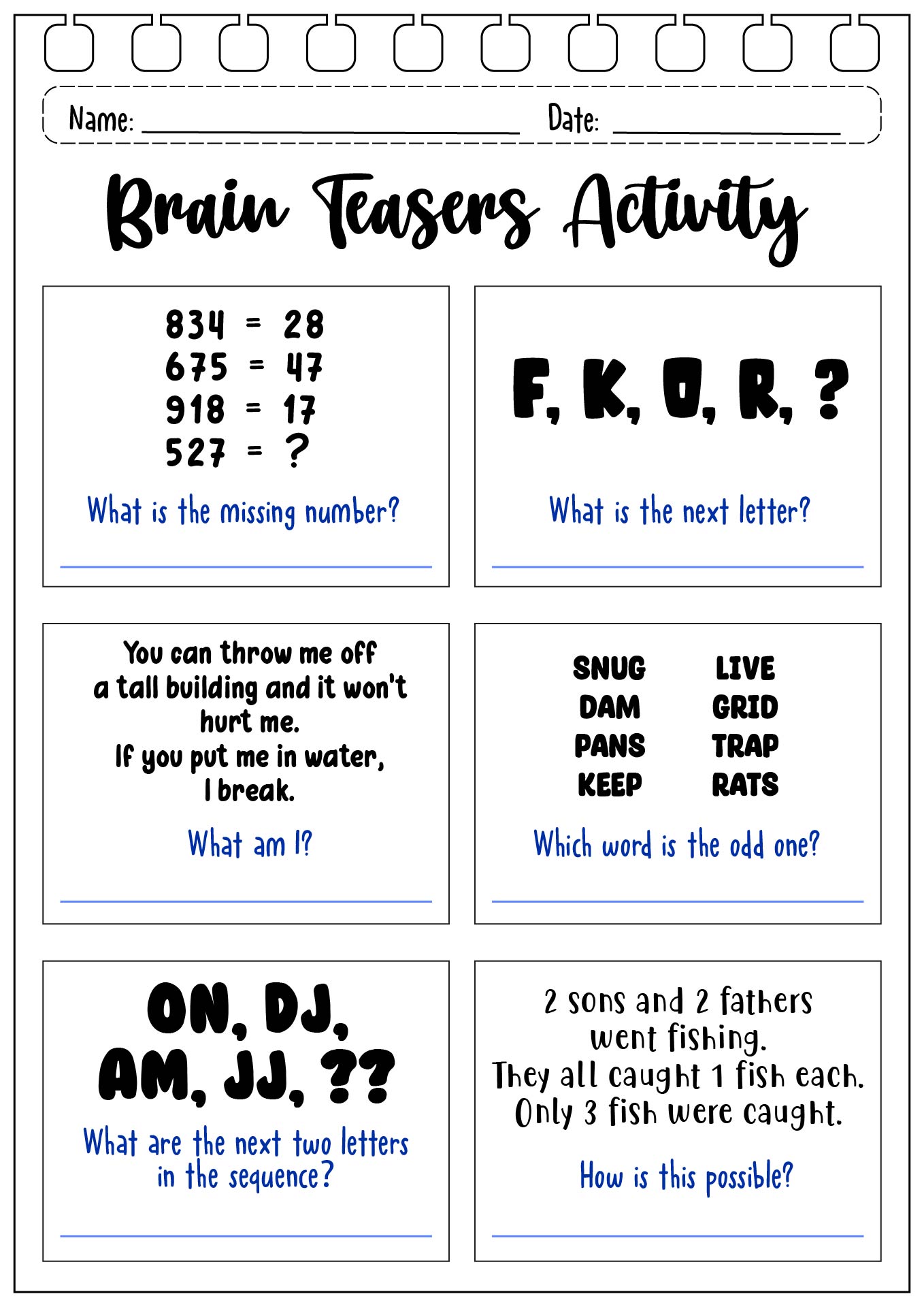 Kids’ Brain Teasers Activity Sheets with Answers