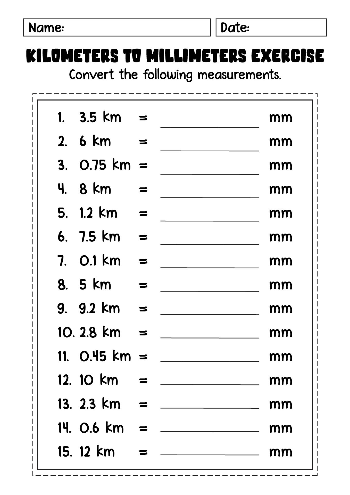 Kilometers to Millimeters Exercise Worksheets