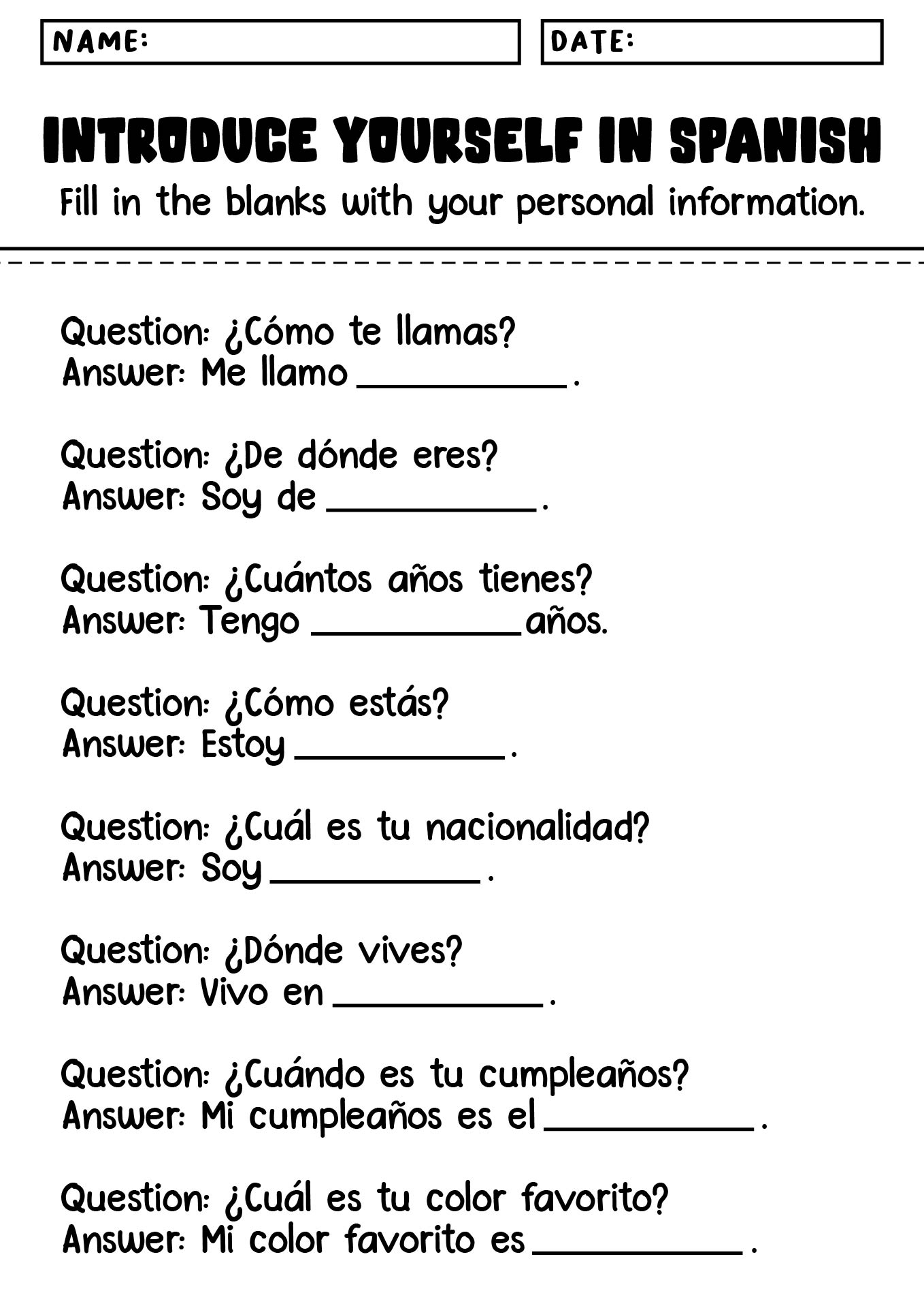 Learn to Introduce Yourself in Spanish Activity Worksheets