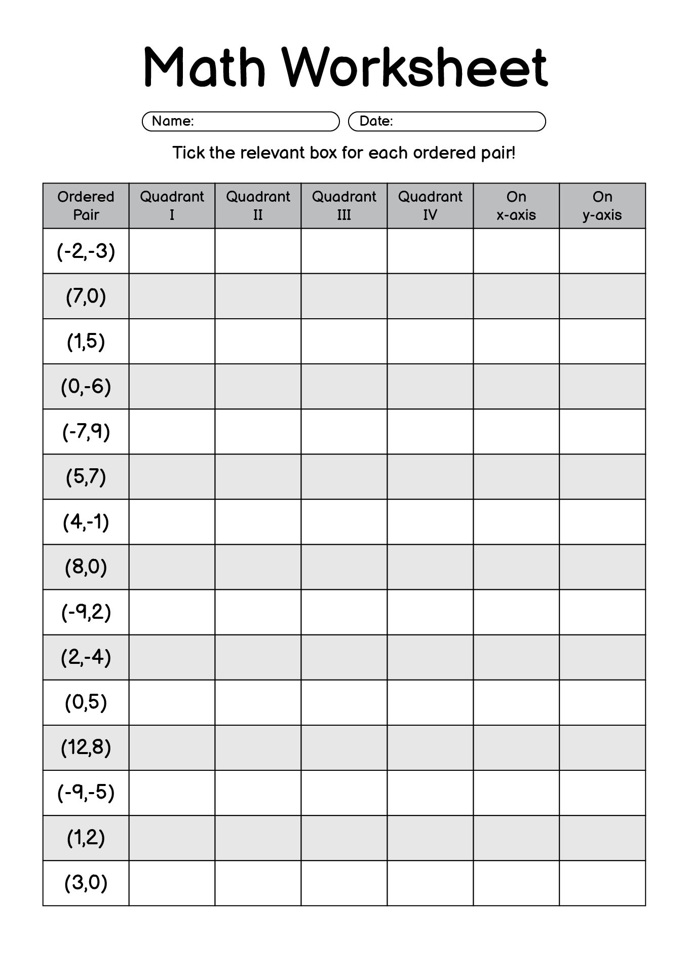 Math Worksheet on Graphing Coordinates