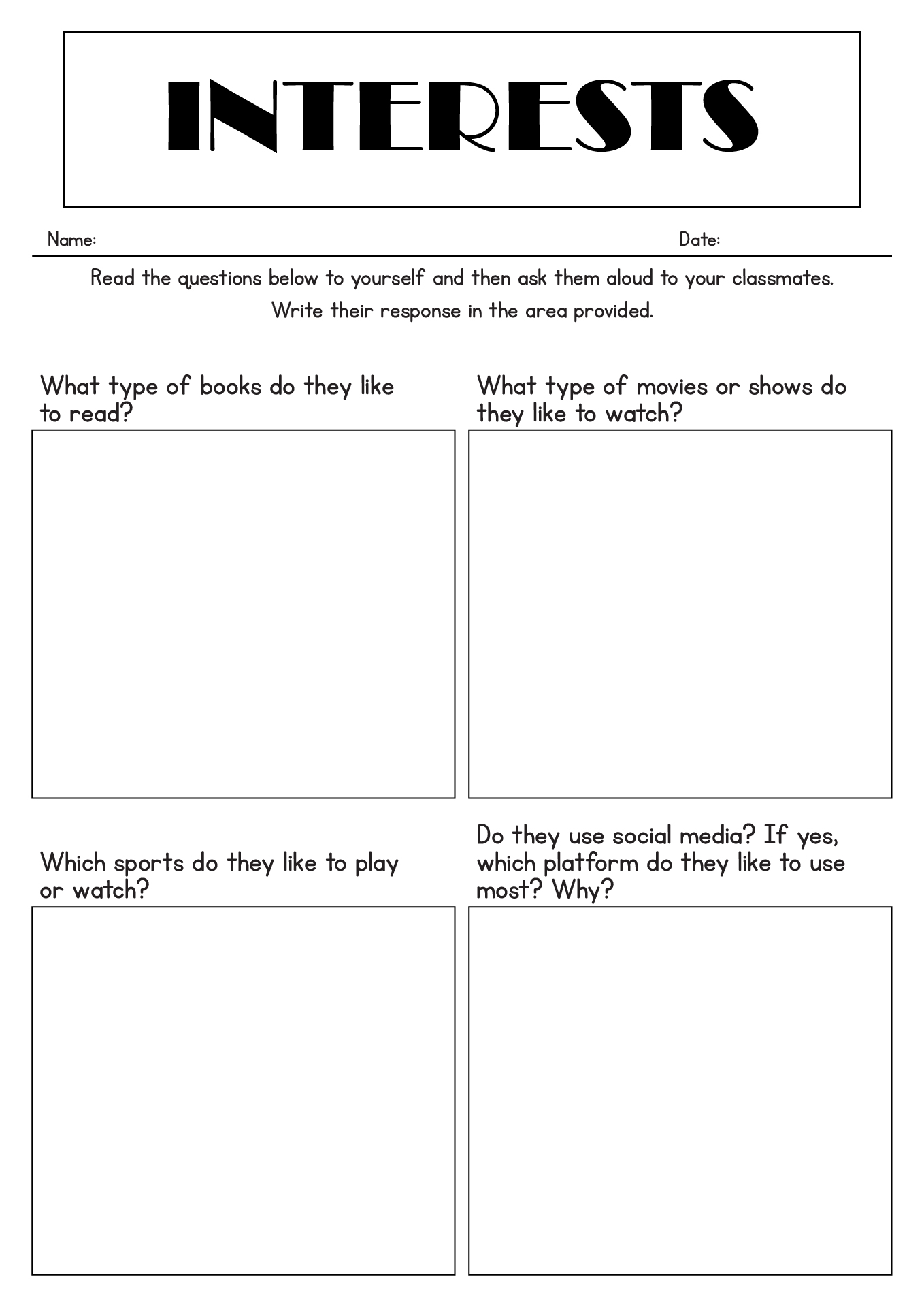 Middle School New Classmate Questionnaire