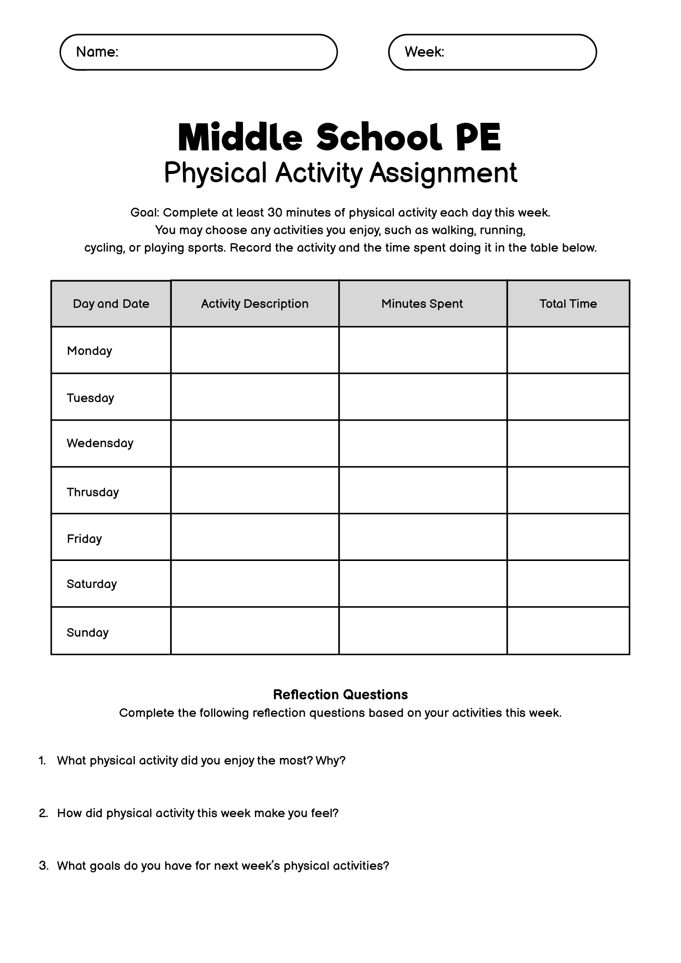 Middle School PE Homework Sheets