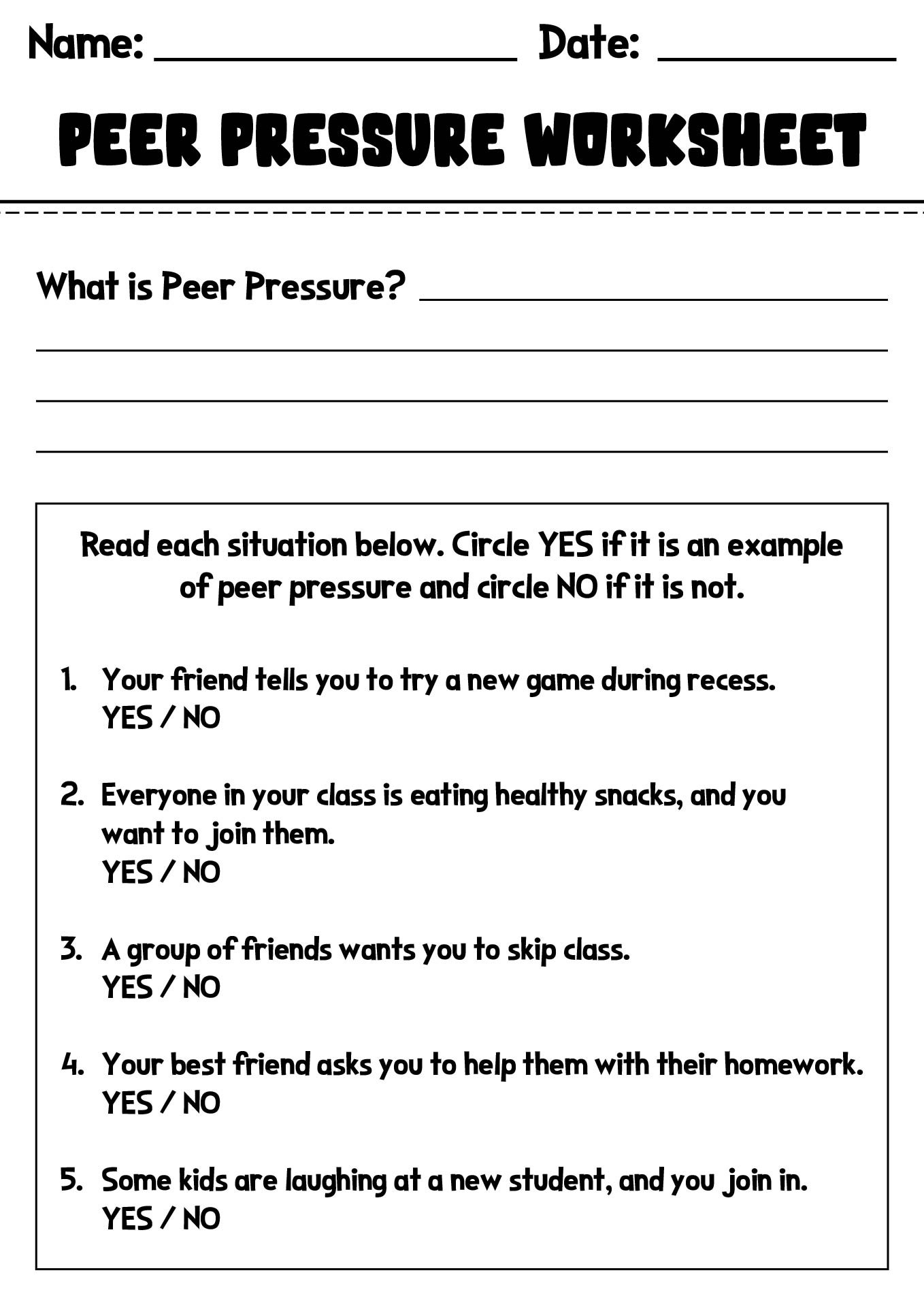 Middle School Peer Pressure Worksheets