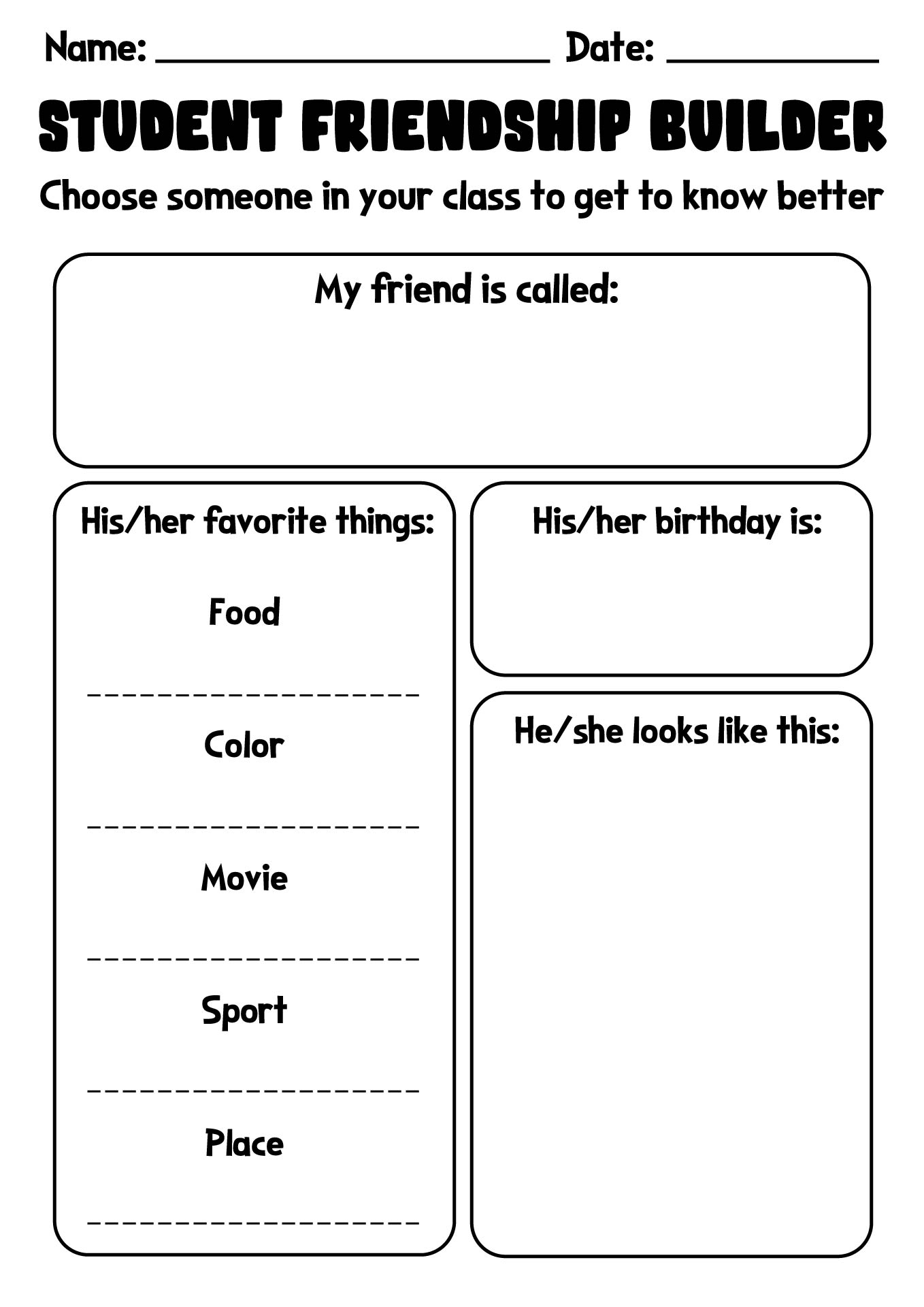 Middle School Student Friendship Builder Worksheet