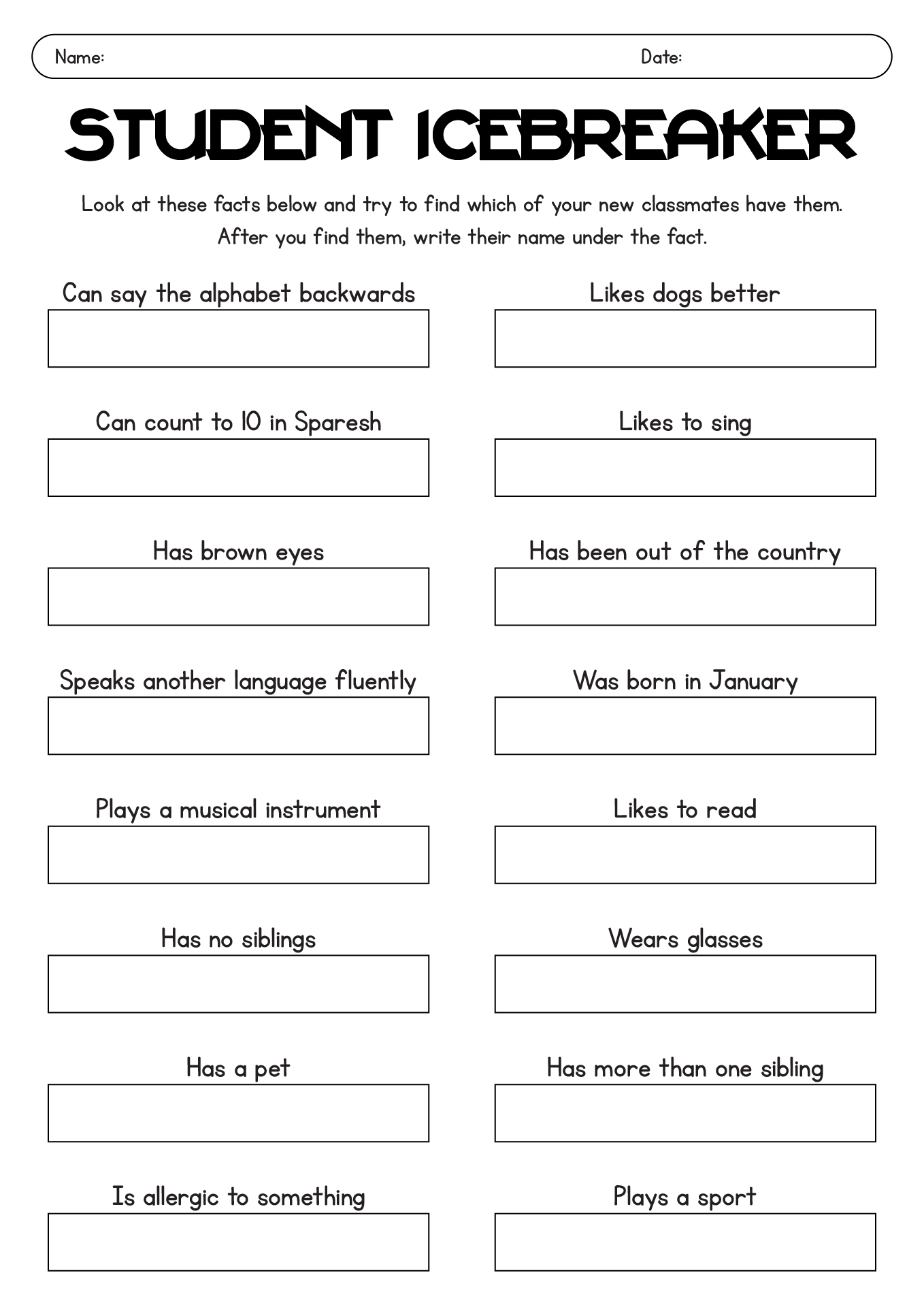 Middle School Student Icebreaker Worksheet