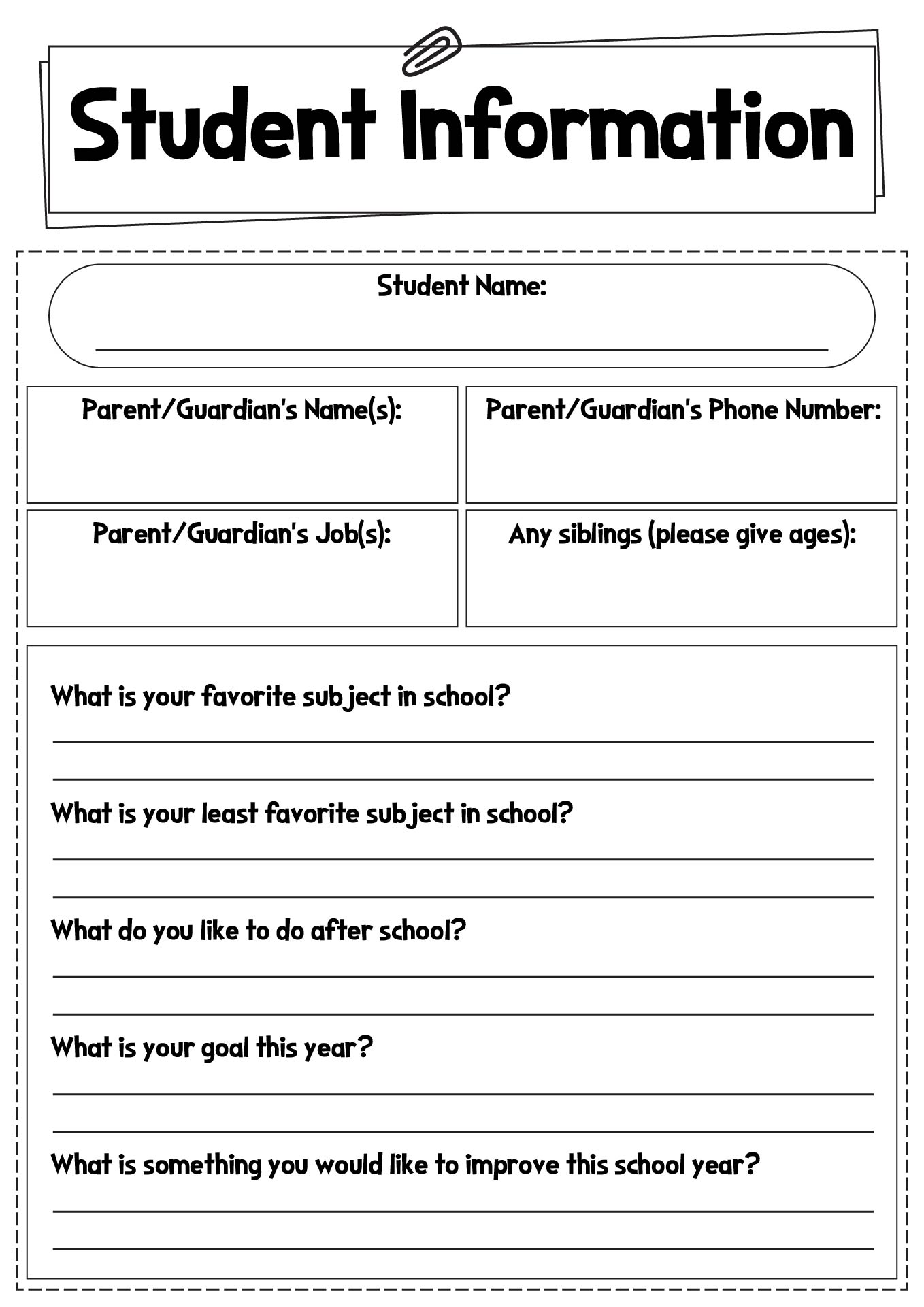 Middle School Student Information Worksheet