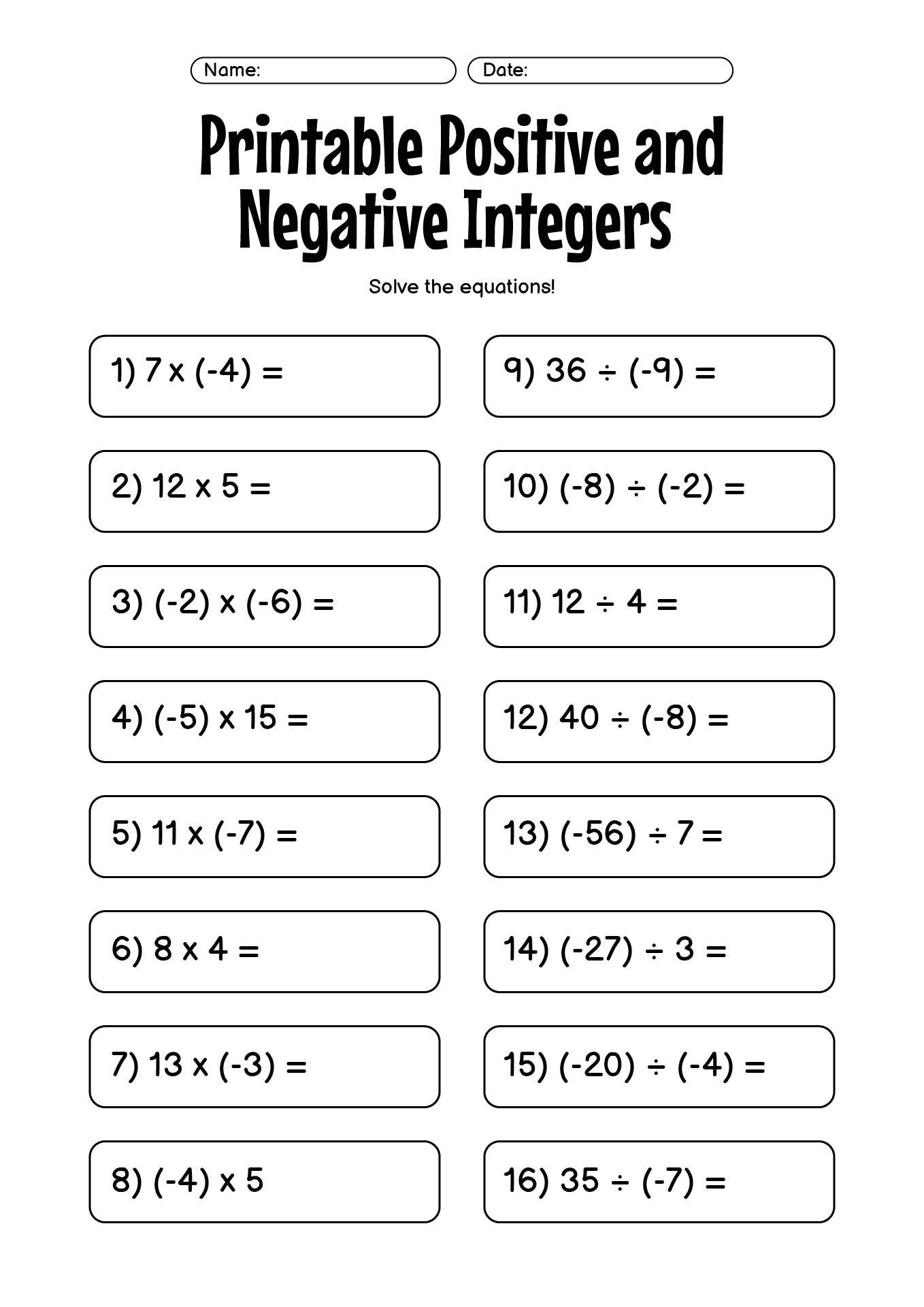 Mixed Problems on Positive and Negative Integers Worksheets