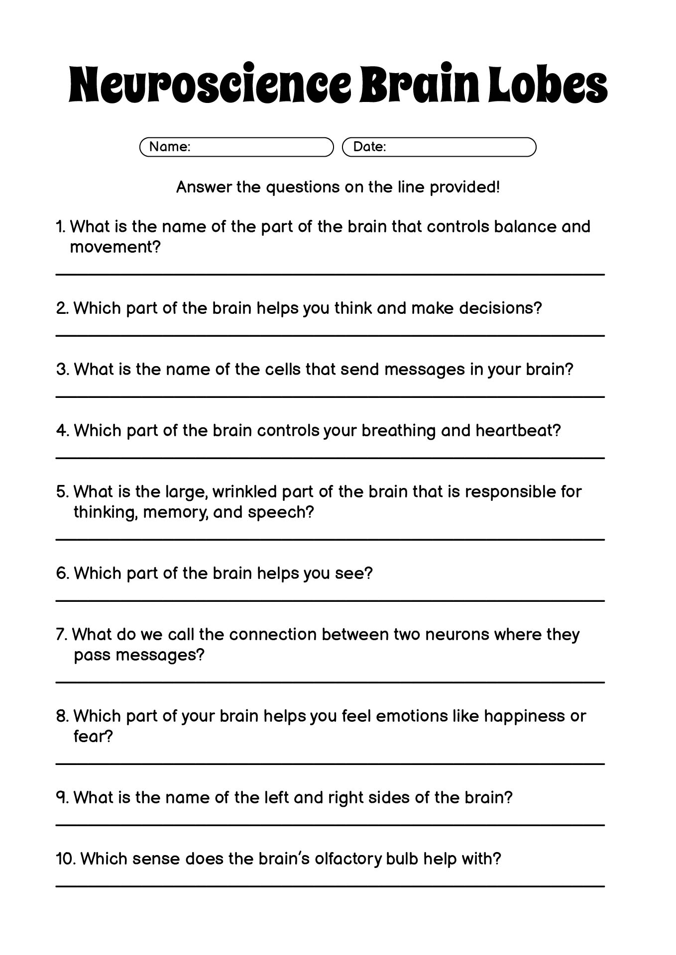 Neuroscience Brain Lobes Quiz Worksheet