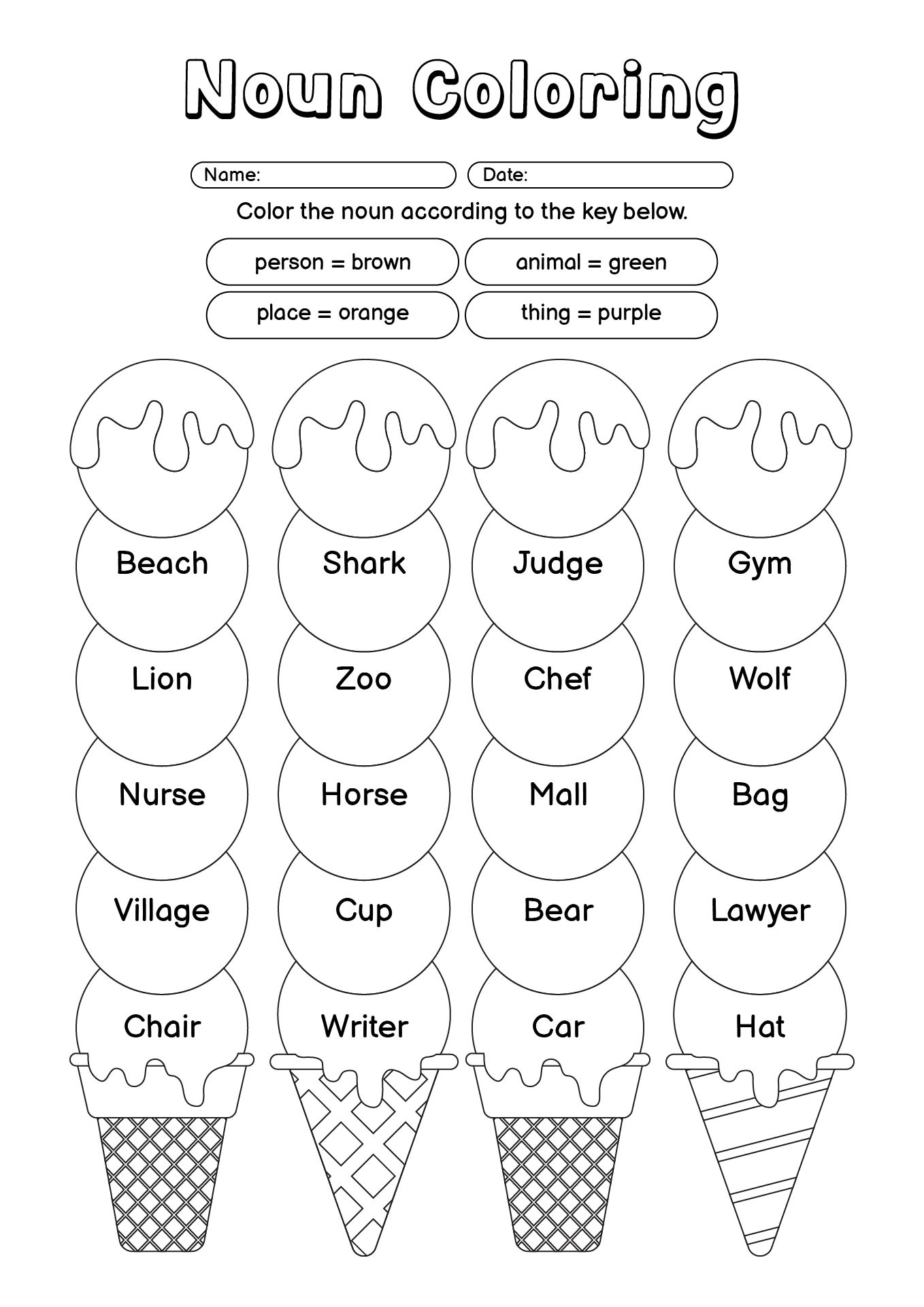 Noun coloring activities for second graders